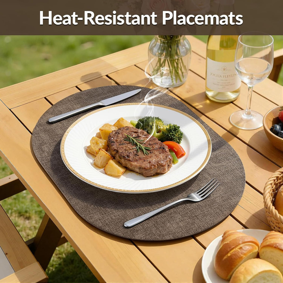 Placemats Set of 6, 11.8 x 17 Inch, Dark Brown | Heat Resistant Oval Faux Leather Place Mats, Waterproof Wipeable