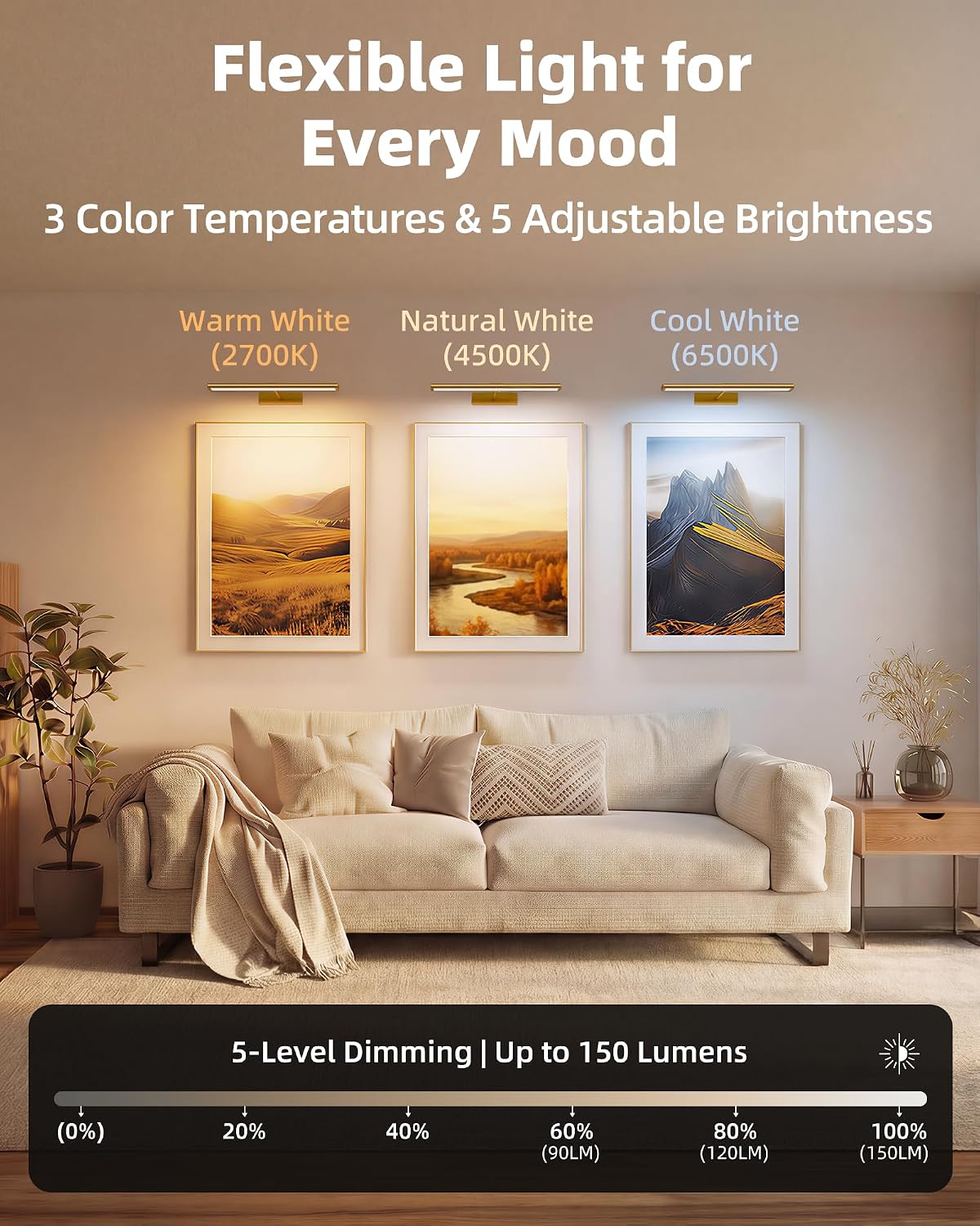 EZVALO Picture Light for Wall, 4800mAh Rechargeable Wireless Lights, 16'' IR Remote Ccontrol Dimmable Magnetic LED Art