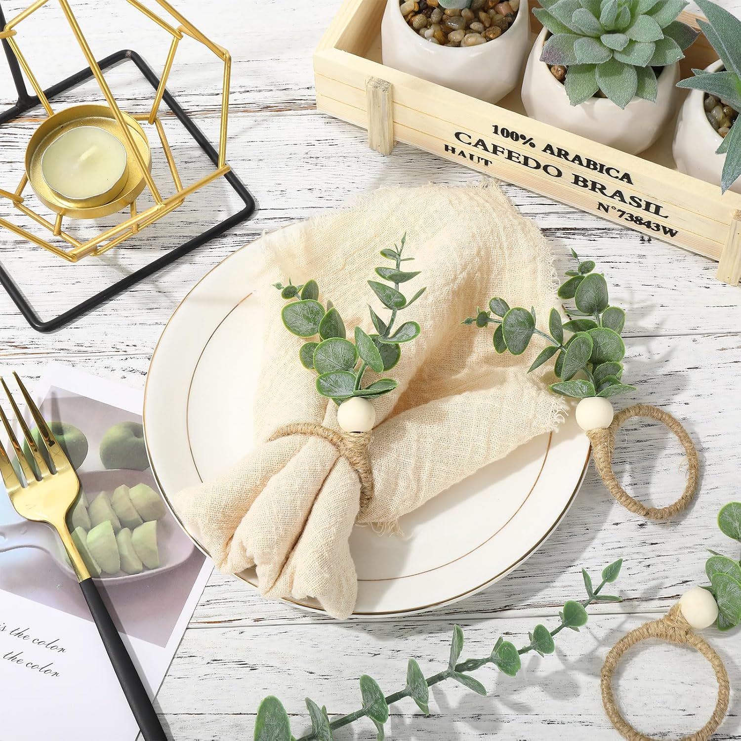 JarThenaAMCS 60 Pcs Eucalyptus Leaf Napkin Rings Boho Green Leaves Wood Bead Farmhouse Napkin Holders Greenery Napkins