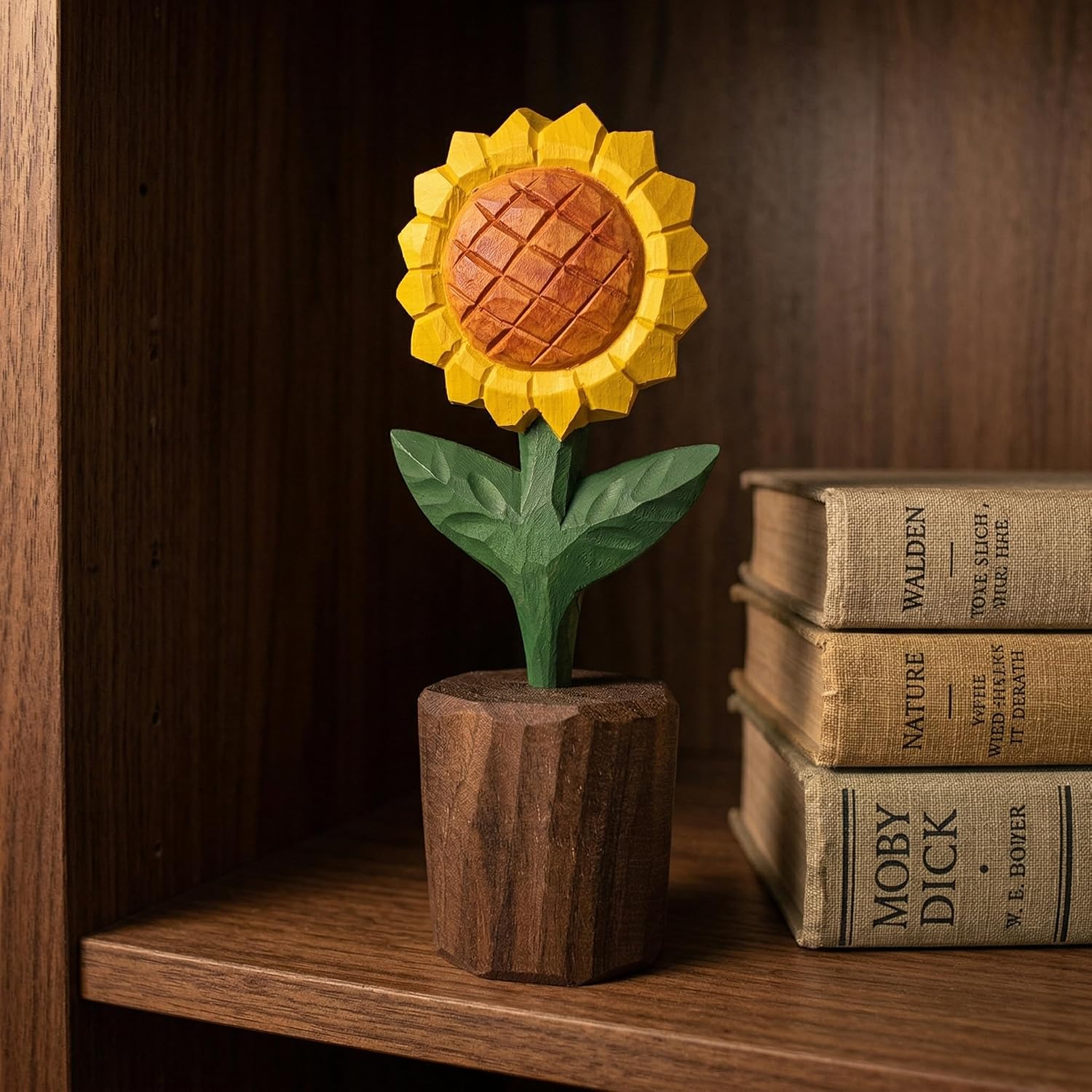 Hand-Carved Wooden Sunflower Figurine / Yellow Sunflower