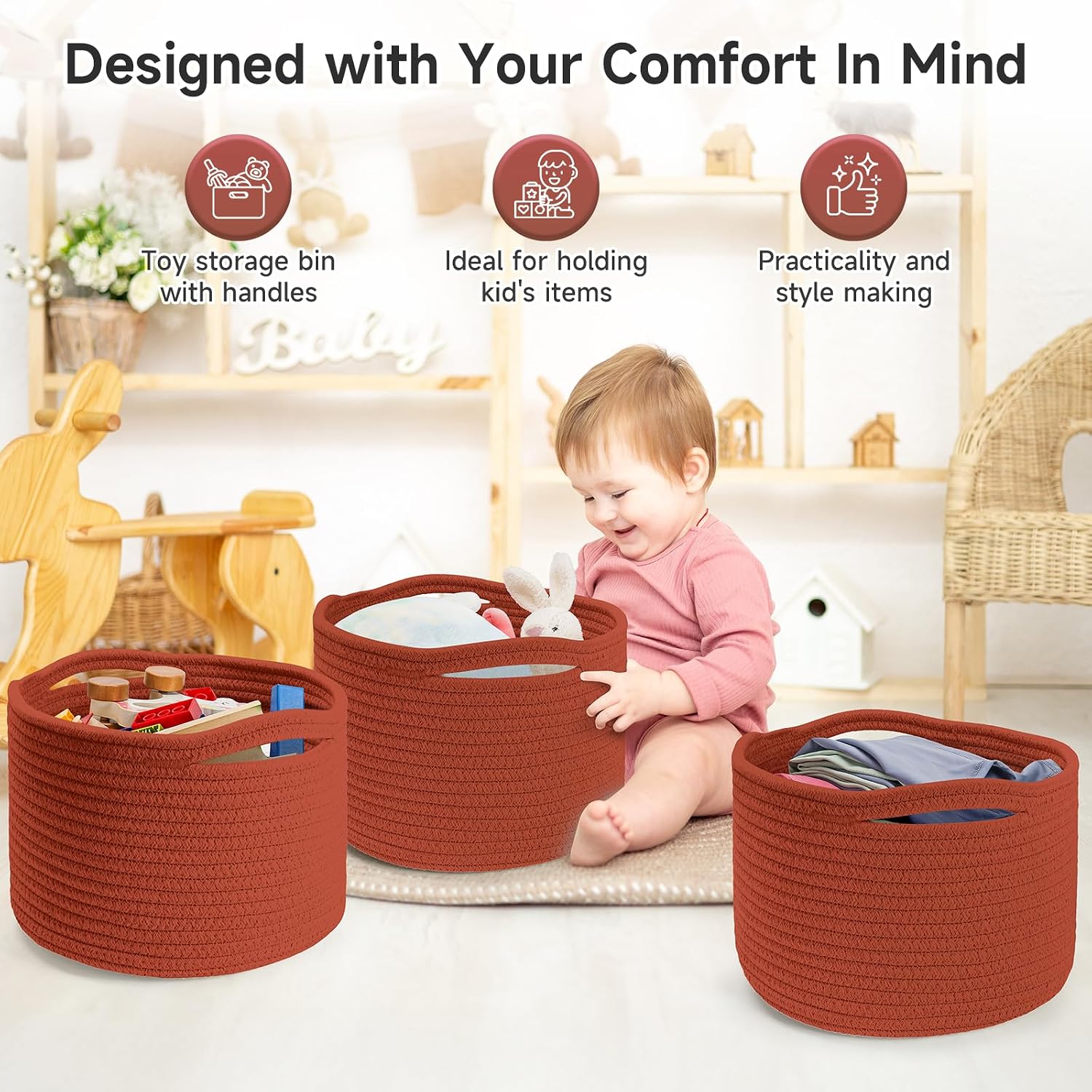 Round Woven Basket / Brick Red / Set of 3