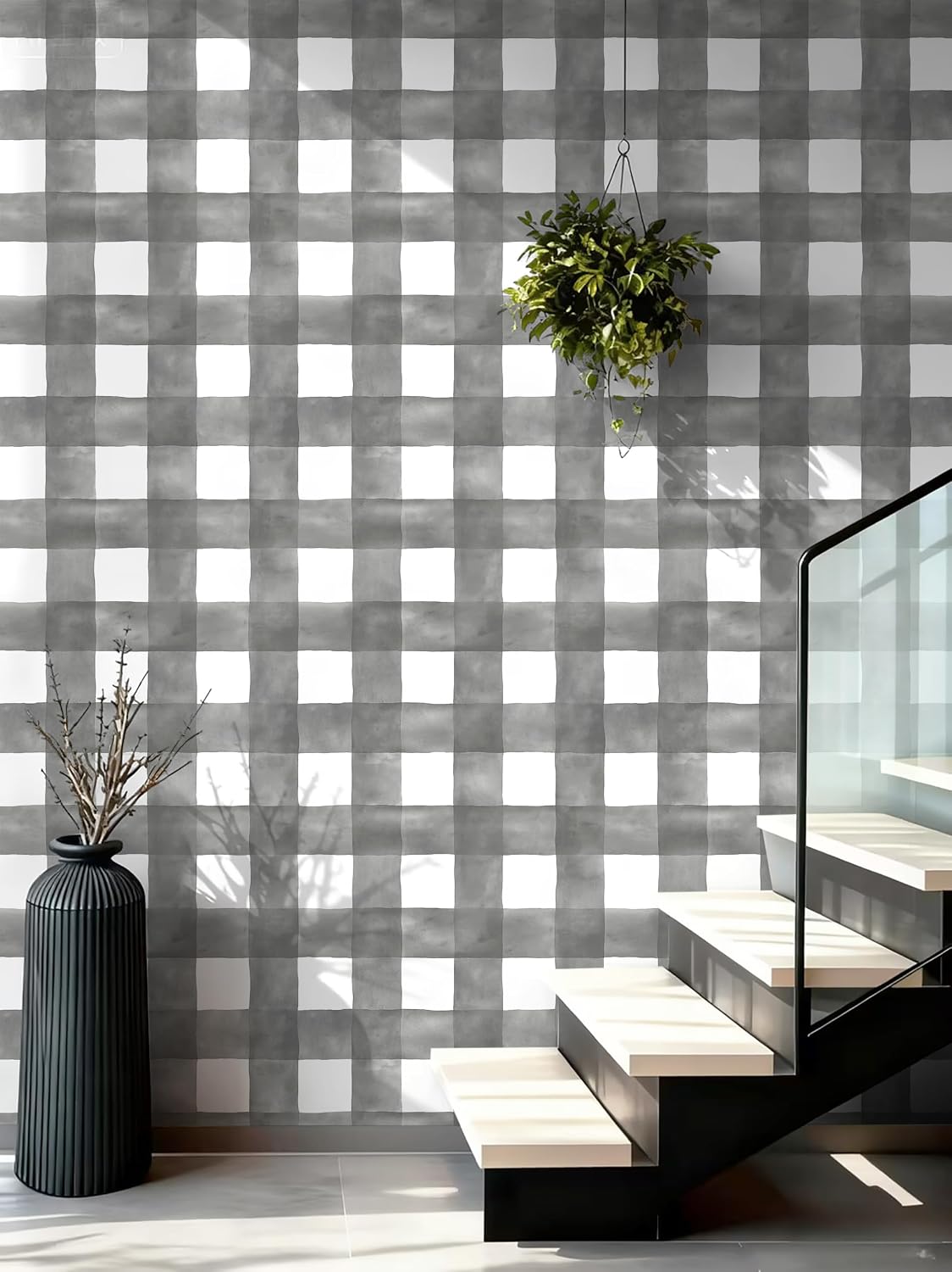 Grey Wallpaper Peel and Stick Plaid Modern Wall Paper Checkered / 17.3 x 78.7 / Grey and White