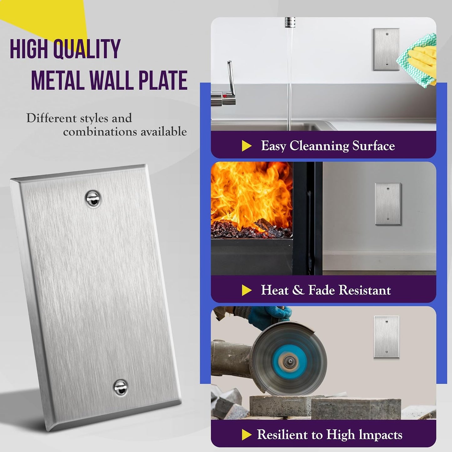 ENERLITES Blank Metal Wall Plate, 1-Gang, Stainless Steel, 10 Pack | Value pack of 10, Rust-proof 430 stainless