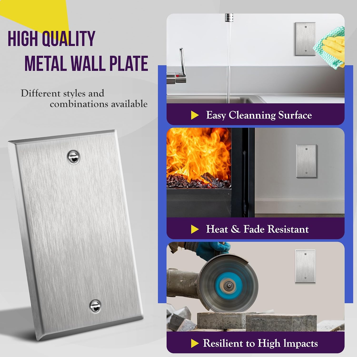 ENERLITES Blank Metal Wall Plate, 1-Gang, Stainless Steel, 10 Pack | Value pack of 10, Rust-proof 430 stainless