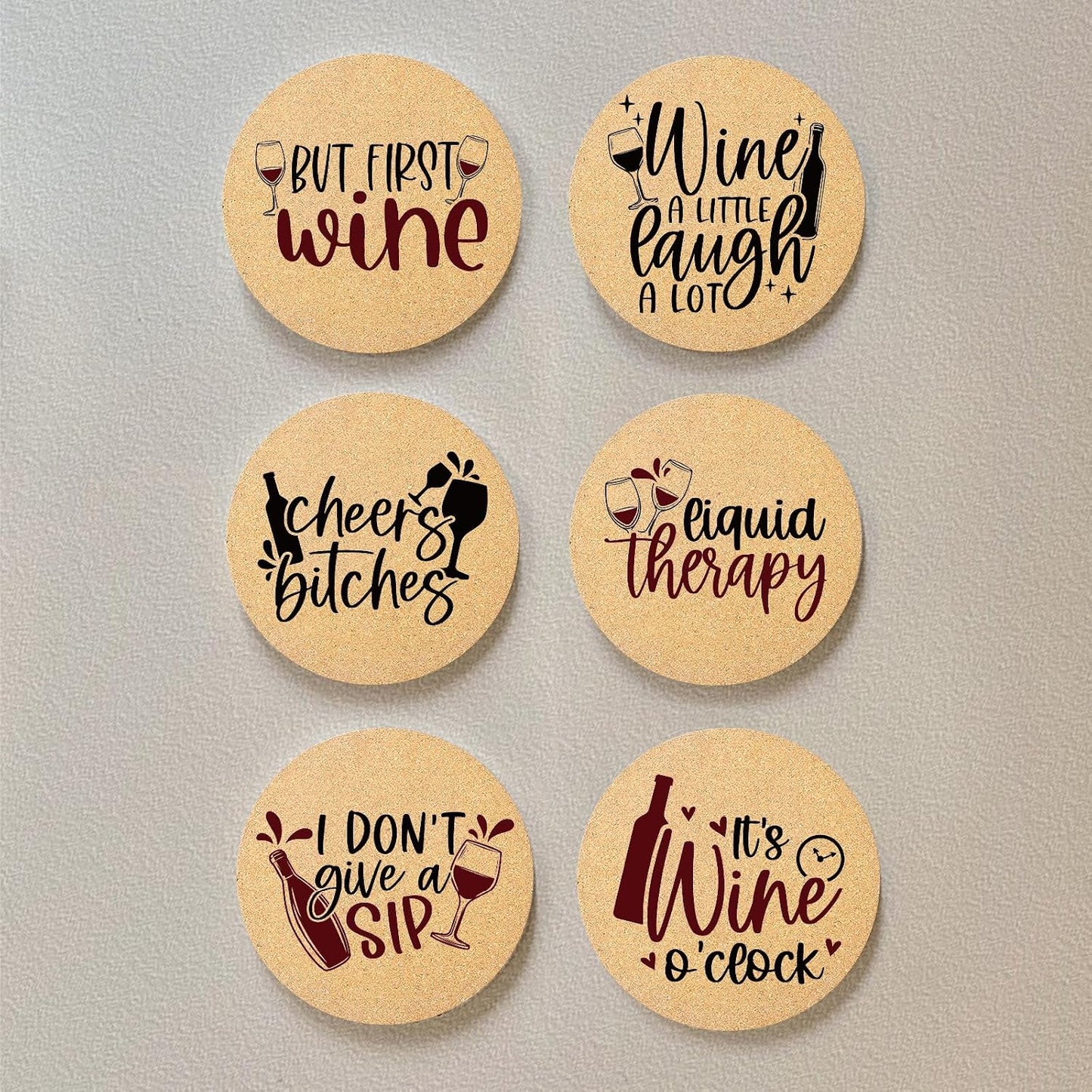 Holder / Absorbent Cork Wood Coaster for Cup Desk Office Table Kitchen Decor / Wine / Set of 6