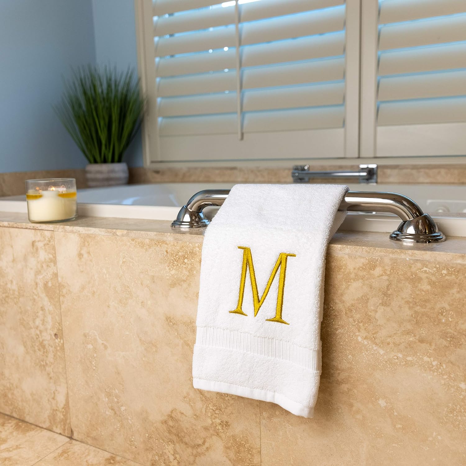 White with Gold Monogrammed Hand Towels for Bathroom - Set of 2 Letter M | Luxury Hotel Quality Initial Towels For