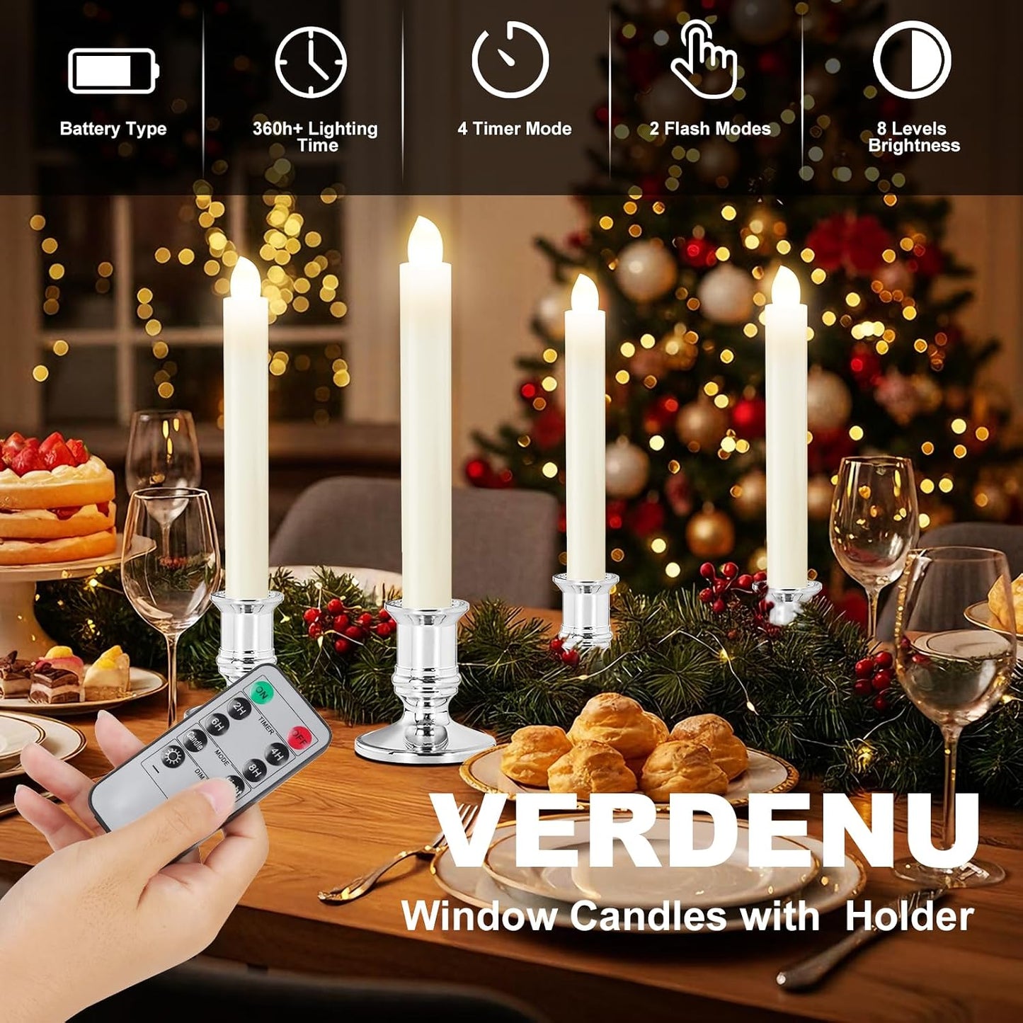 Verdenu 14 Pack Flameless Christmas Window Candles with 2 Remote Controls | Battery Operated Candles with 4 Timer