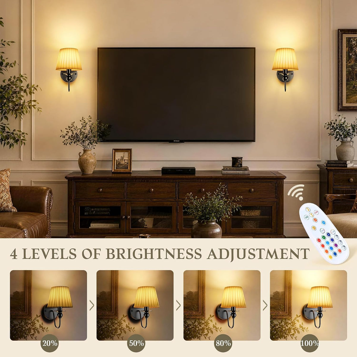 6000mAh Battery Operated Wall Sconces Set of 2, Black, 10.6 Inch | Dimmable, 15 RGB, Renter Friendly, Rechargeable