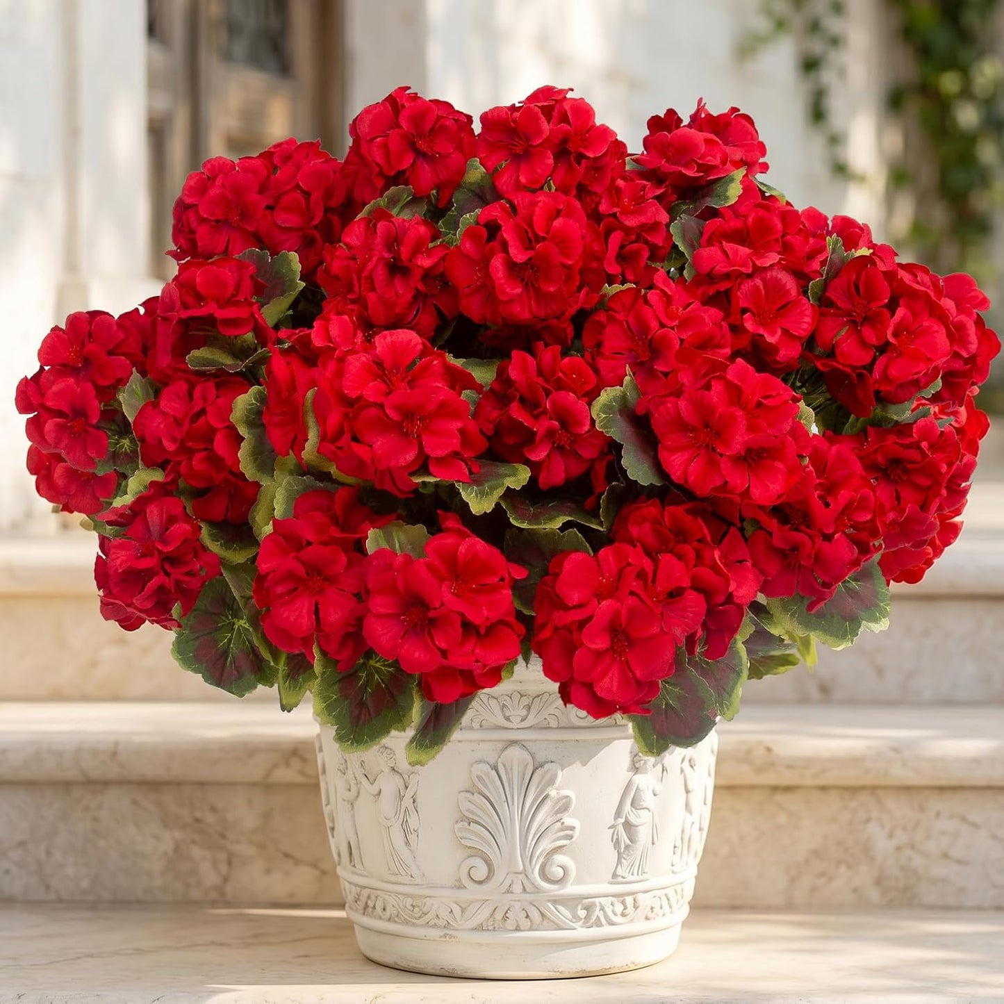 Artificial Geranium Plant Realistic Silk Flowers for Outside UV Resistant Faux / Red / Set of 8