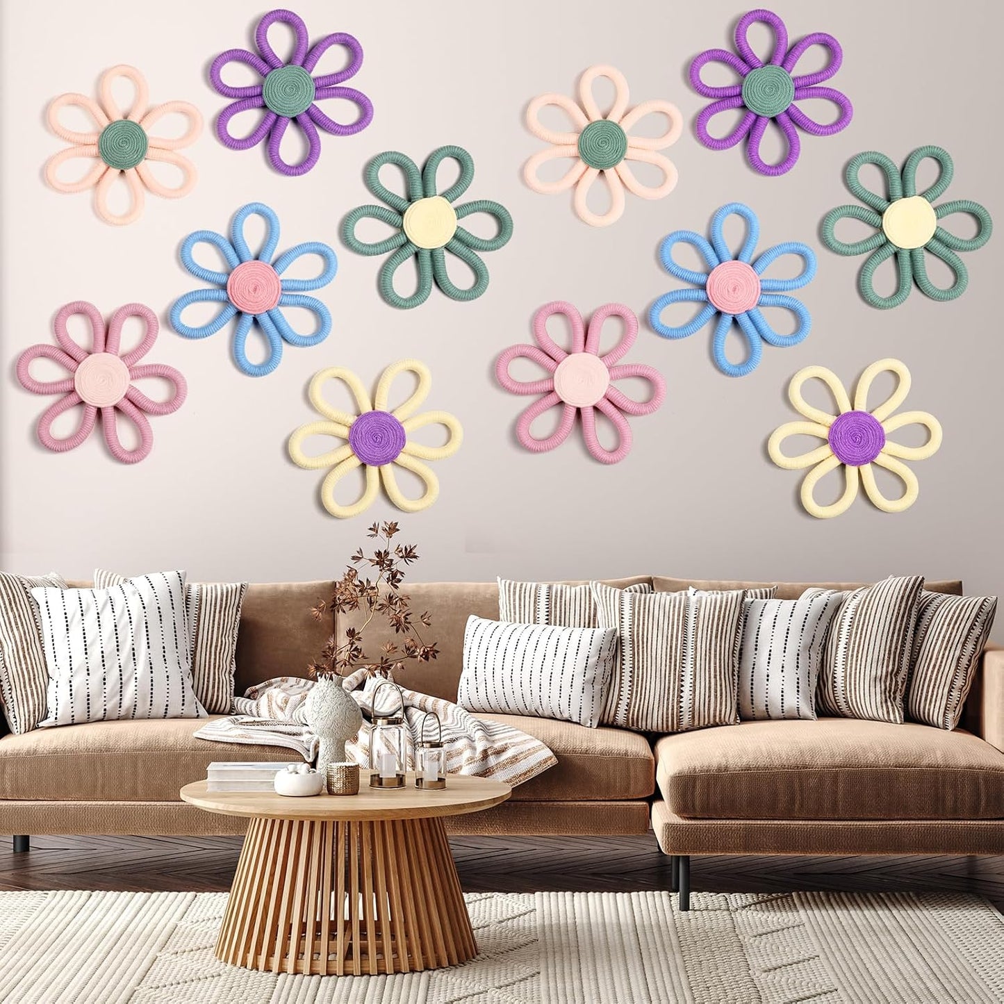Boho Nursery Decor Flower Daisy Wall Art Woven Macrame Wall / Vivid Colors / 6 Inch / Set of 6