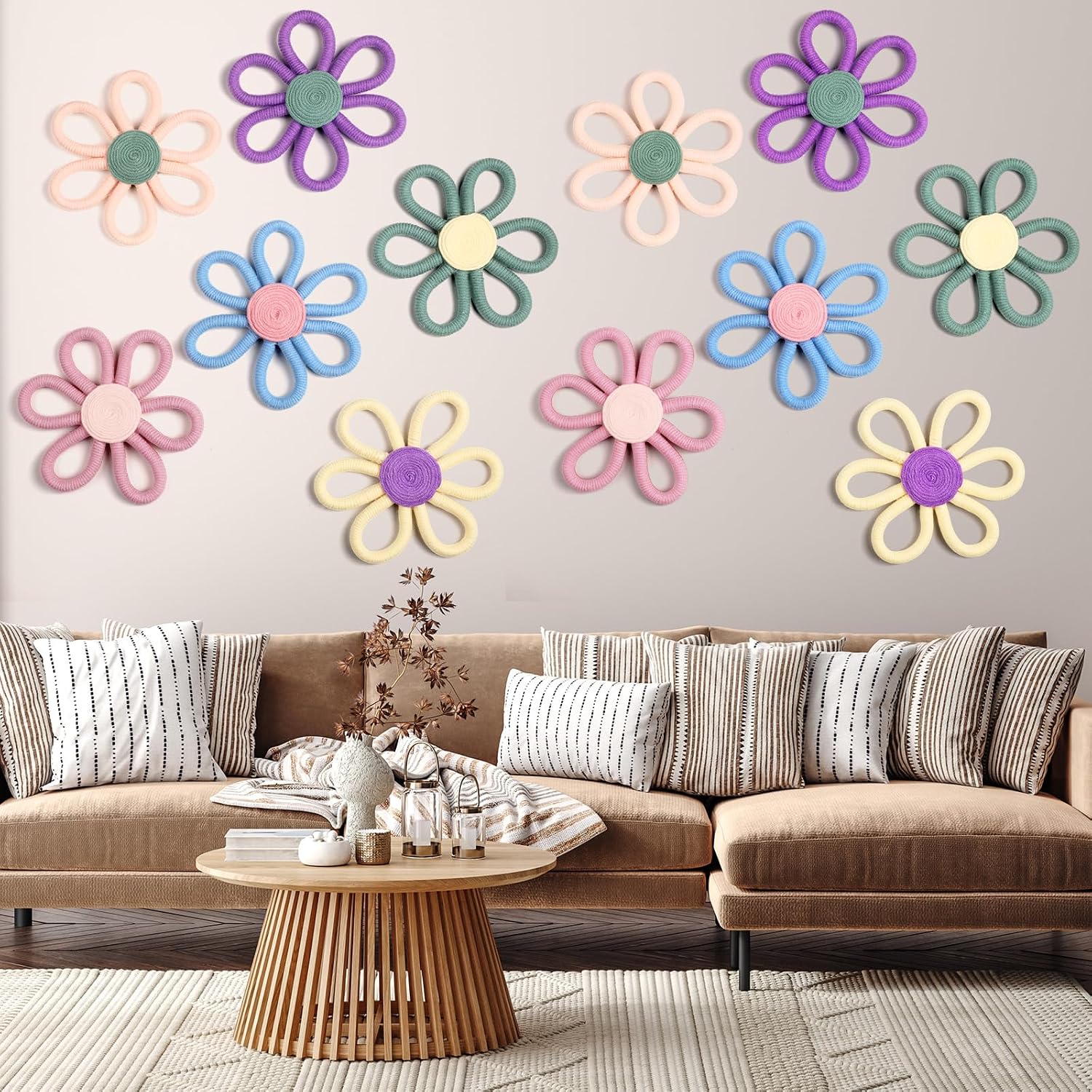 Boho Nursery Decor Flower Daisy Wall Art Woven Macrame Wall / Vivid Colors / 6 Inch / Set of 6