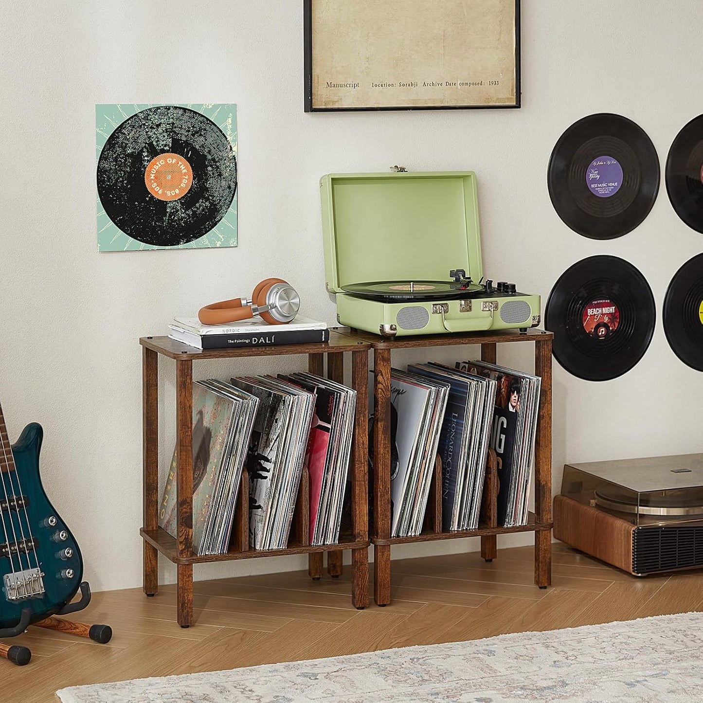 2-Tier Record Player Stand for Vinyl Records Storage End Table | Small Vinyl Record Holder Storage up to 100 Albums