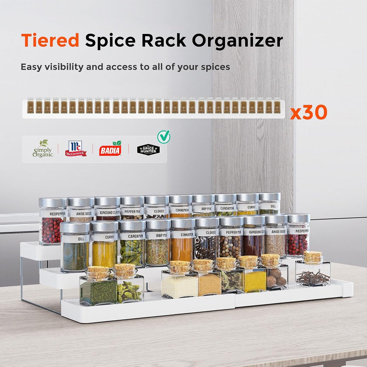 2 Pack Expandable Spice Rack Organizer for Cabinet - 3 Tier Adjustable Cabinet Spice Organizer Easy Visibility - Spice