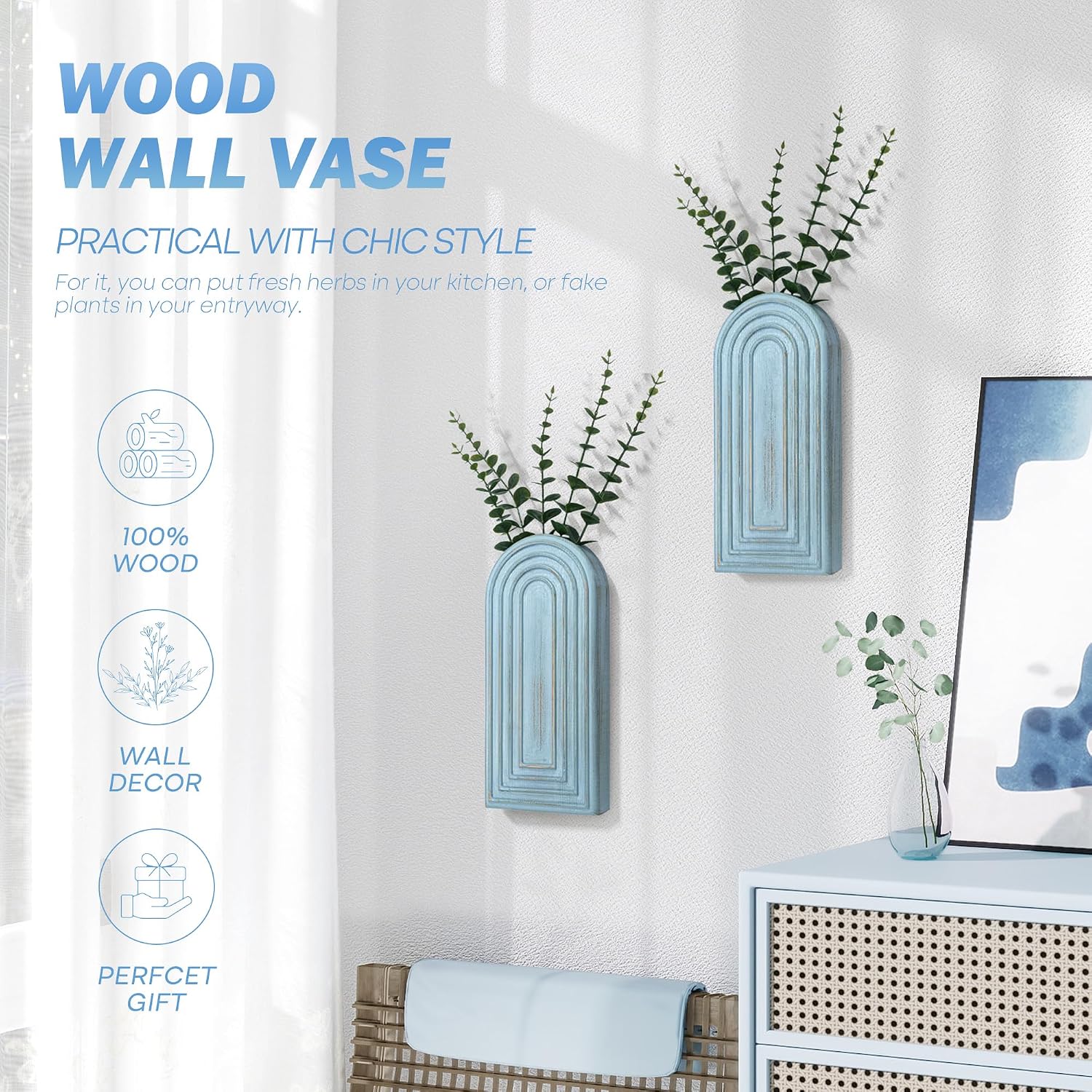 Pine Wood Boho Decor Wall Vases / Blue / Set of 2