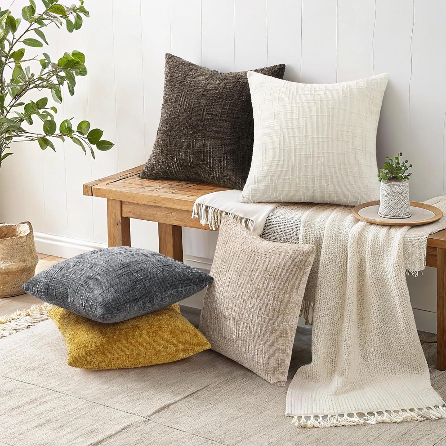 Fall Chenille Throw Pillow Covers Textured Soft Slubby Couch / Cream White / 18 x 18 / Set of 2