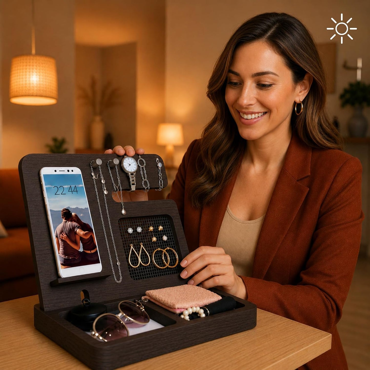 Namore Nightstand Organizer for Women – Wood Phone Docking Station & Jewelry Valet Tray for Phone, Earrings, Wallet &