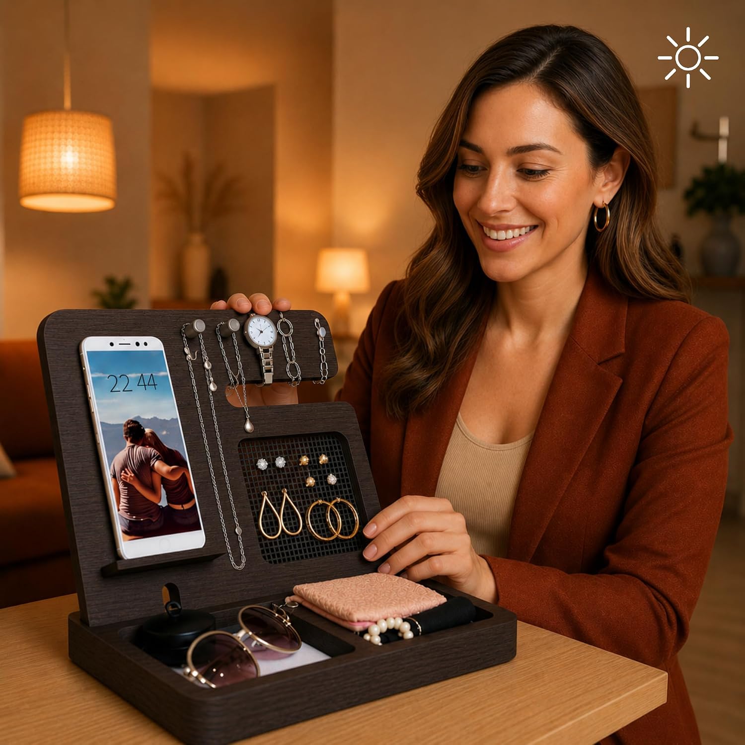 Namore Nightstand Organizer for Women – Wood Phone Docking Station & Jewelry Valet Tray for Phone, Earrings, Wallet &