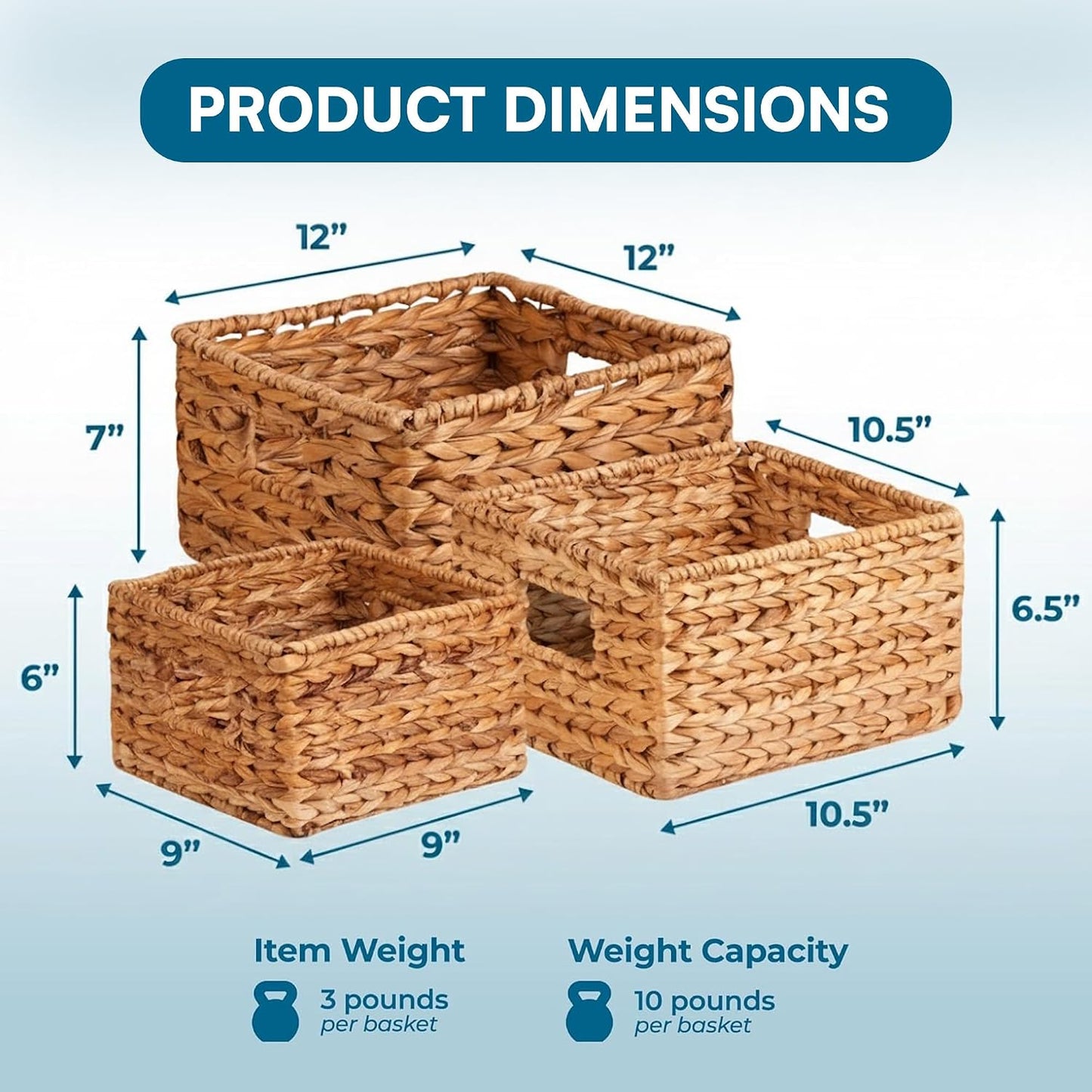 Banana Leaf Storage Baskets -Water Hyacinth Woven Basket / 9" L x 9" W x 6" H / Nested Basket Kit