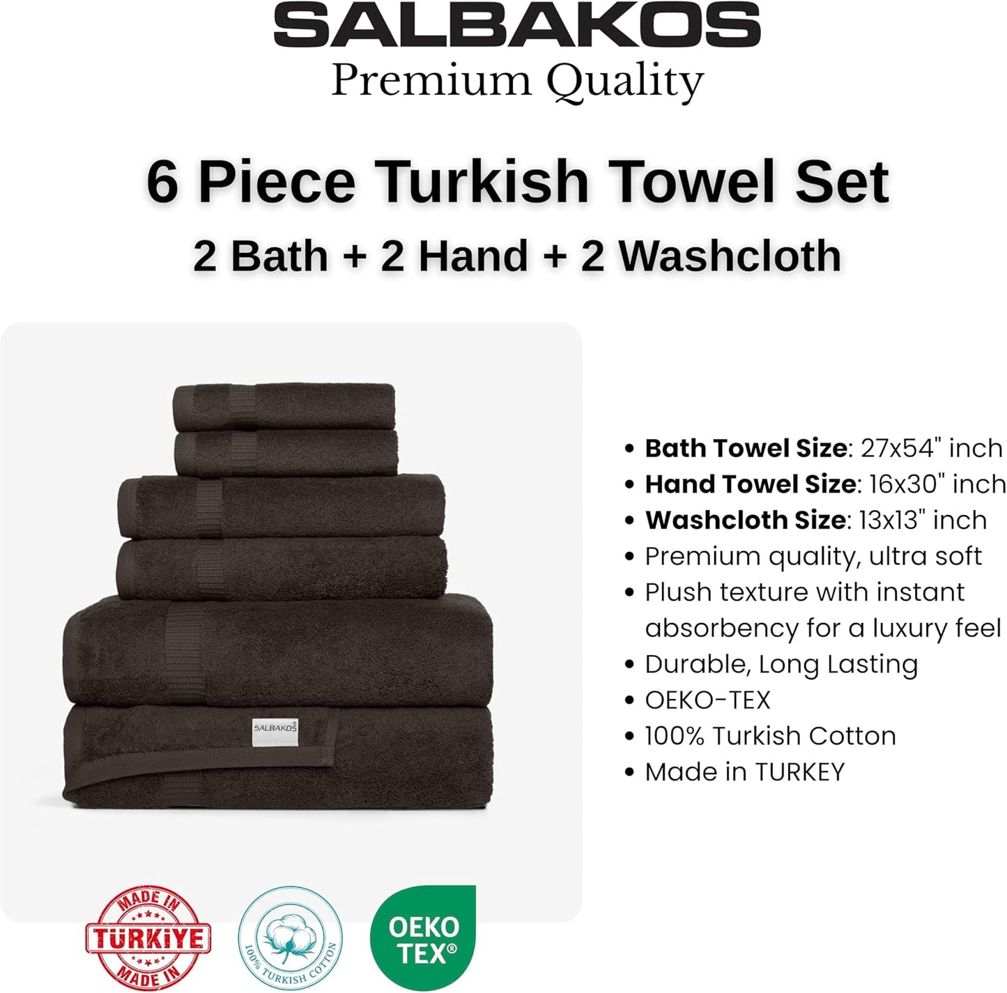 SALBAKOS 100% Turkish Cotton Bathroom Towel Set of 6-Piece, Chocolate | 630 Gsm Thick Super Soft Highly Absorbent 2