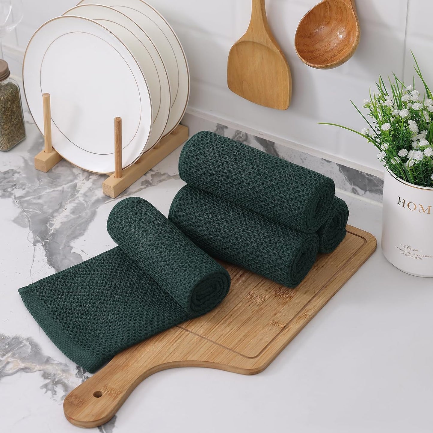 Kitinjoy Cotton Waffle 6-Pack Kitchen Towels, 13" x 28", Blackish Green | Super Soft, Ultra-Absorbent, Fast Drying