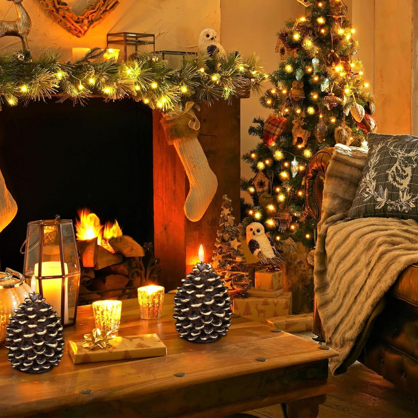 Wondise Flameless Candles with Timer, Battery Operated Flickering 3D Wick Real Wax Pine Cone Candles for Christmas