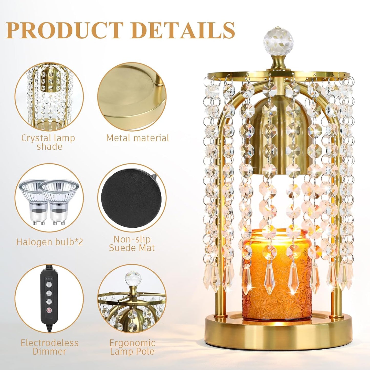 Gold Candle Warmer Lamp with Timer and Dimmer - Electric Candle Warmer,Crystal Candle Lamp for Bedroom Decor,Flameless