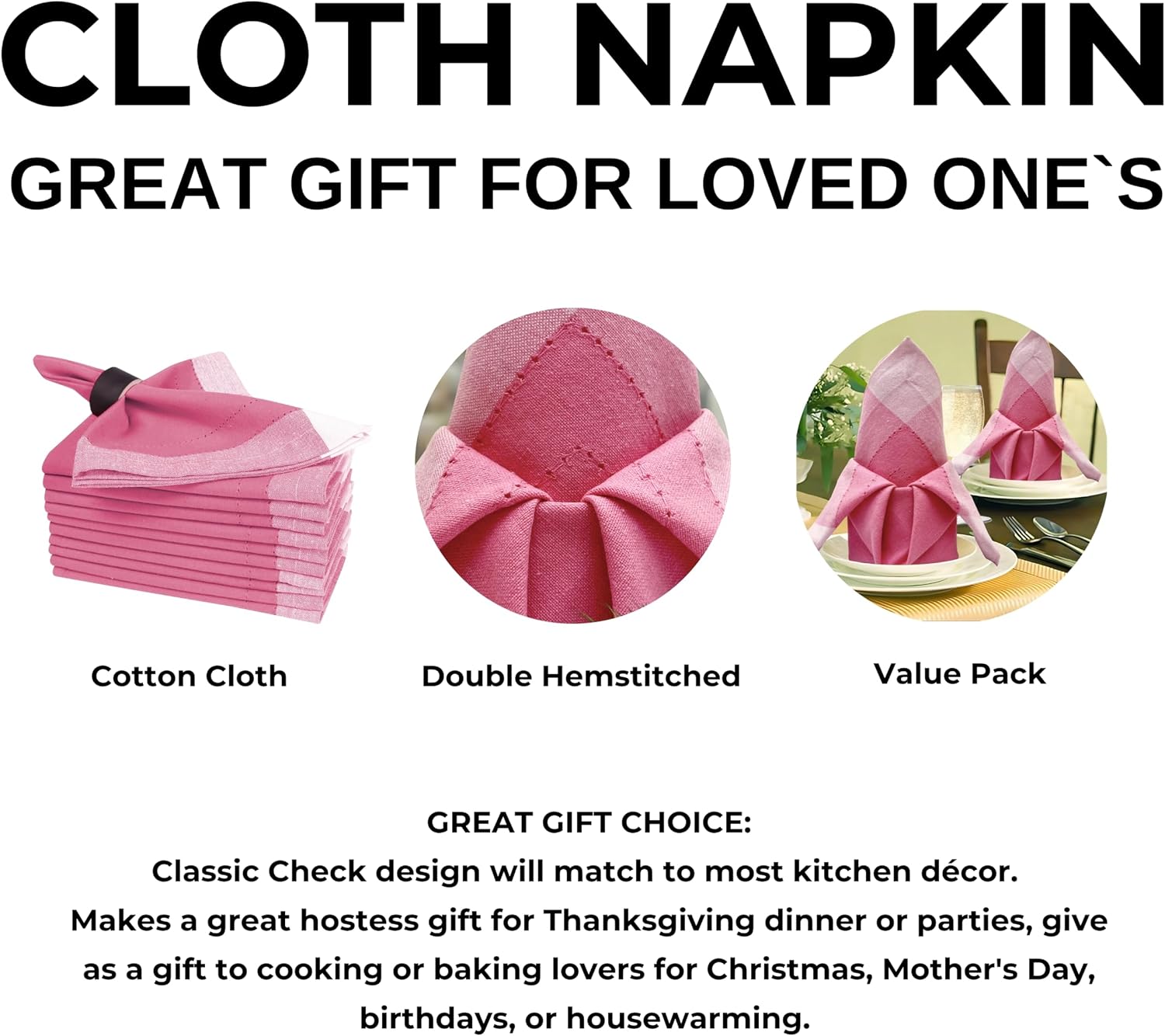 Bedding Craft Cotton Cloth Dinner Napkins Set of 12 – 20x20 Pink Multi Double Hemstitched – Machine Washable Fabric