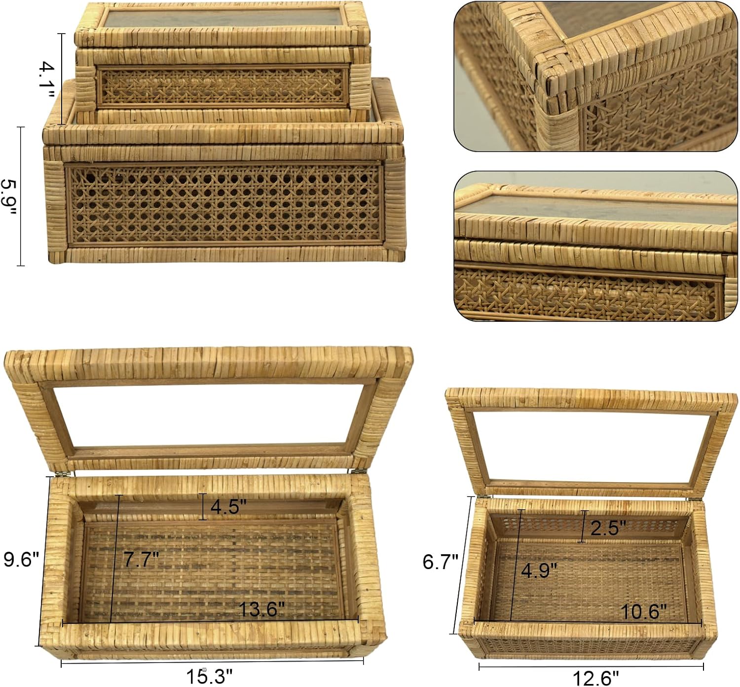 Rattan Display Box / Rectangular Coastal Bohemian Style Stackable Decorative Storage Box Set