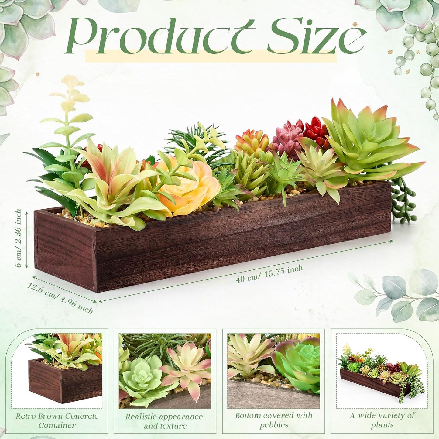 Artificial Succulent Arrangement Faux Succulents Plants in Rectangular / Brown / Retro / 16 Inch
