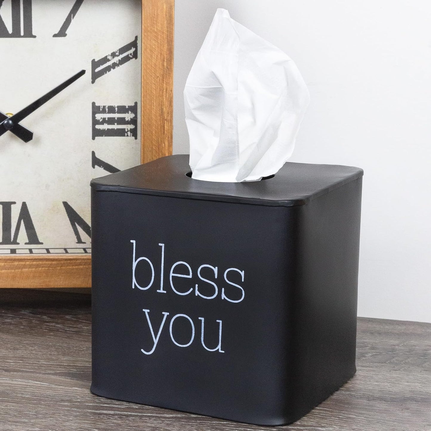 Modern Farmhouse Enamelware Tissue Holder / Black with "bless You