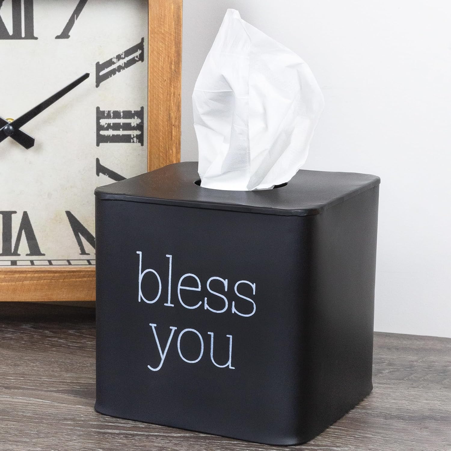 Modern Farmhouse Enamelware Tissue Holder / Black with "bless You