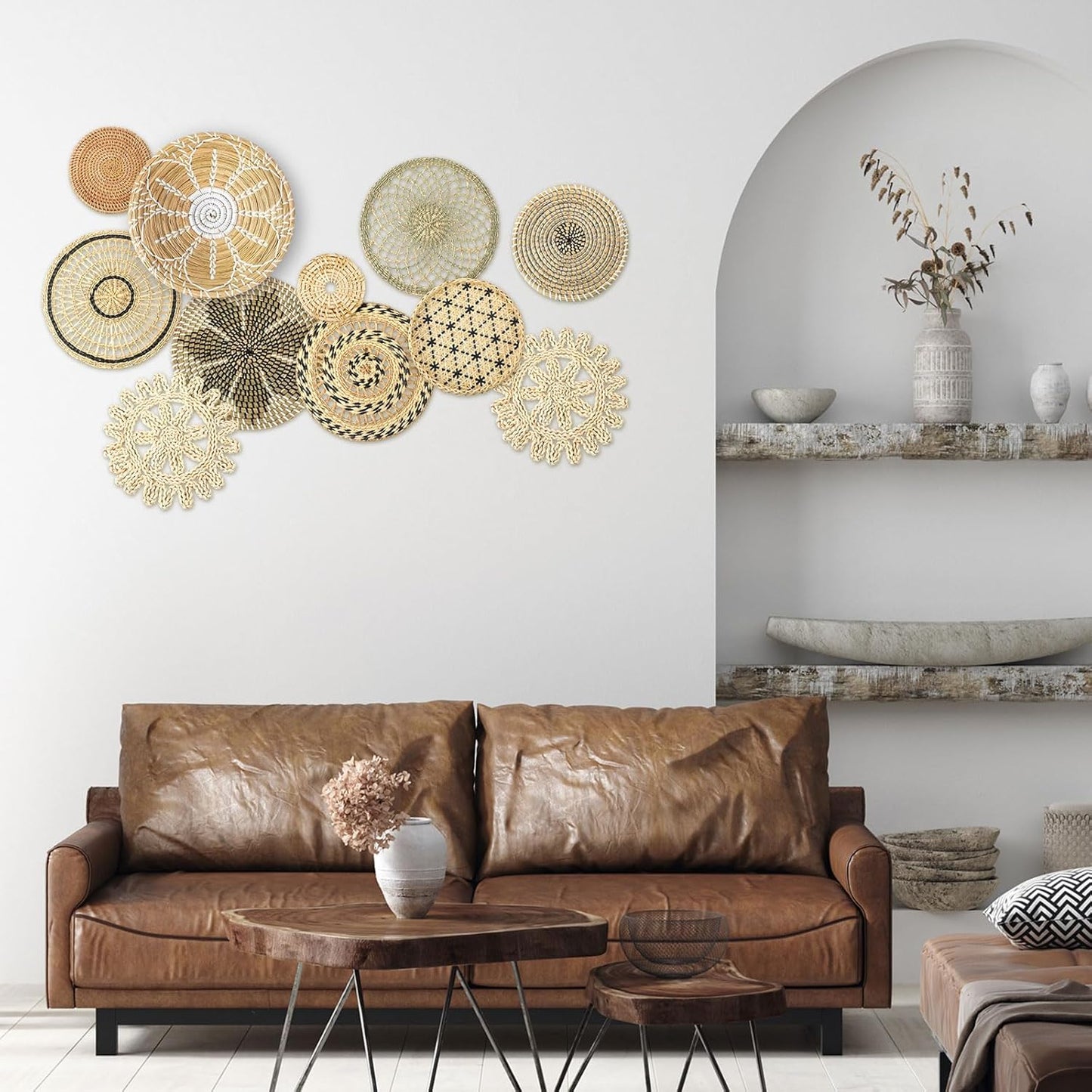 Boho Wall Basket Decor Bulrush Woven Wall Hanging Art Round Farmhouse Rustic / Vivid / Set of 11