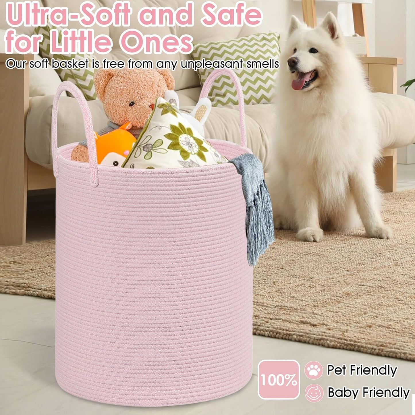 Large Woven Laundry Basket Hamper / Pink / 100L