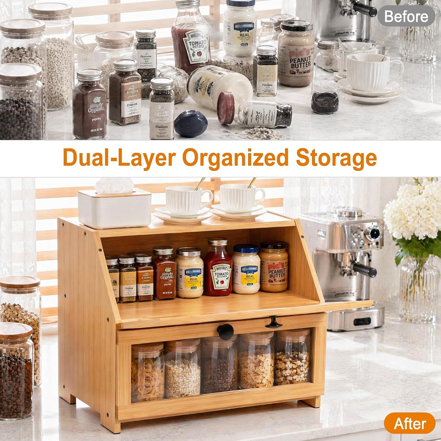 Bamboo Bread Box for Kitchen Countertop, Large Bread Storage Container Bin 2 Layer Breadbox Holder for Kitchen Counter
