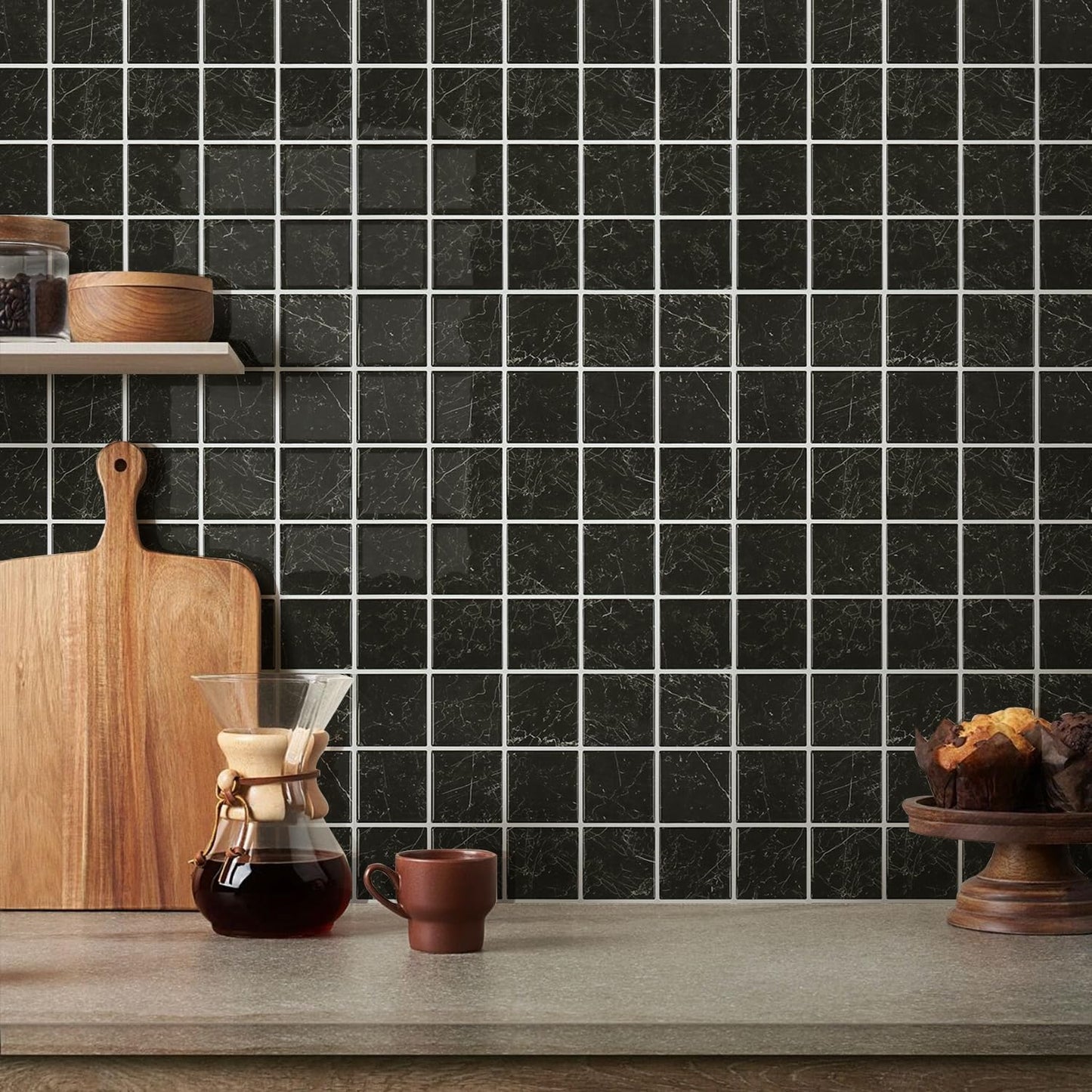 Thicker Marble Peel and Stick Backsplash Tiles- of "-3D / ST-SM-B / Black / 12 x 12 / Set of 10