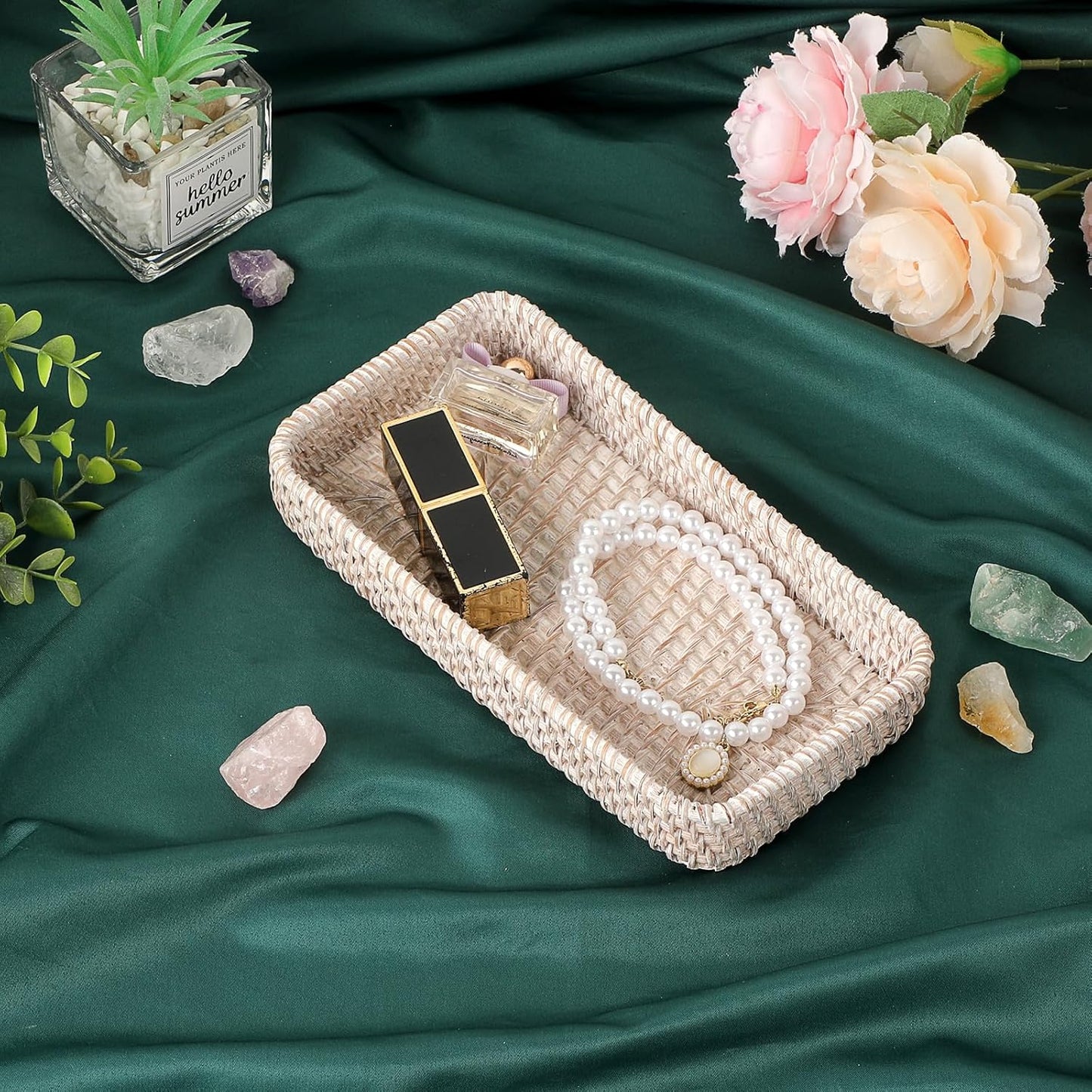 Rattan Key Tray Handwoven Wicker Baskets for Entryway Table Vanity / 8.3 x 4.7 x 1.6 / Whitewash