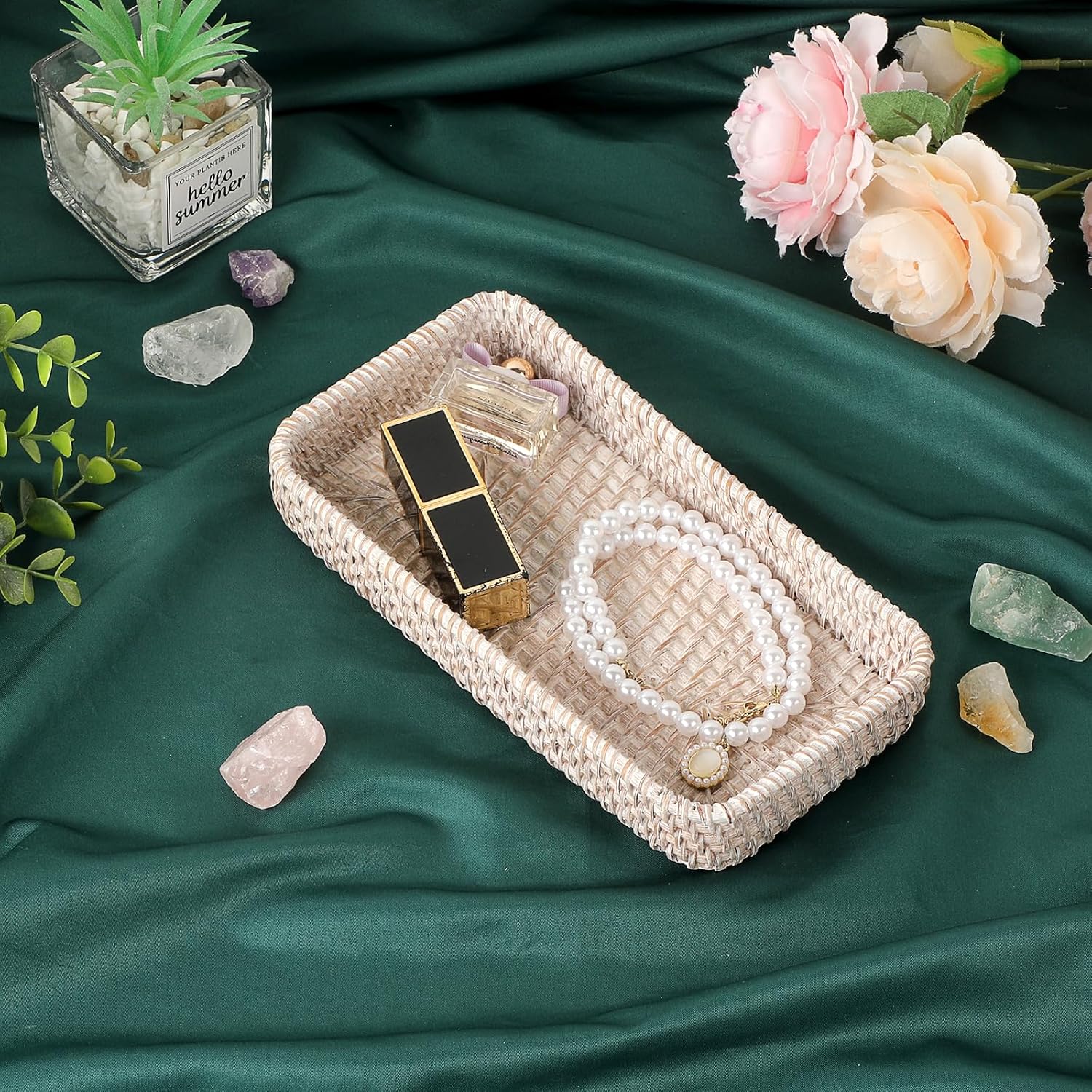 Rattan Key Tray Handwoven Wicker Baskets for Entryway Table Vanity / 8.3 x 4.7 x 1.6 / Whitewash