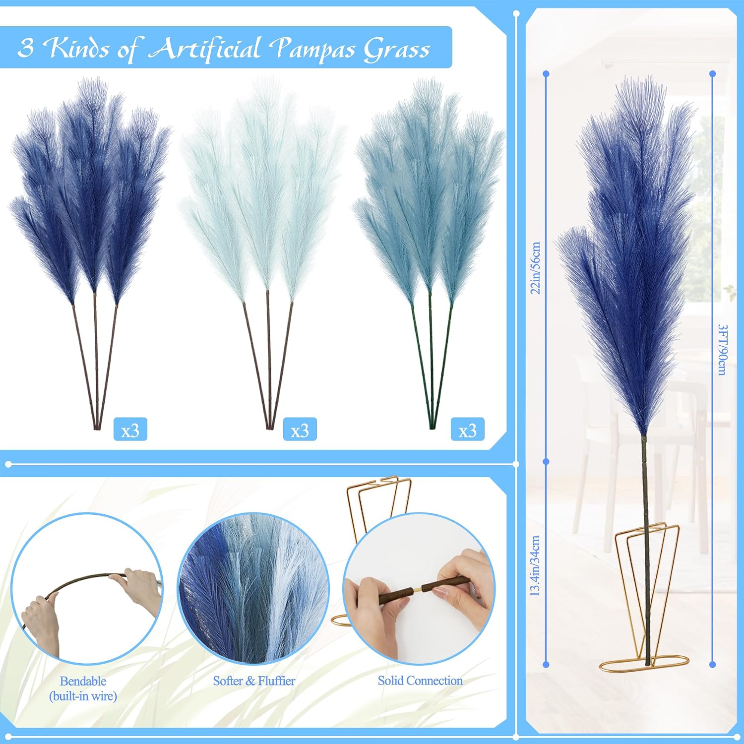Non-Shedding Fluffy Artificial Bulrush / Light Blue / 3 Inch / Set of 9
