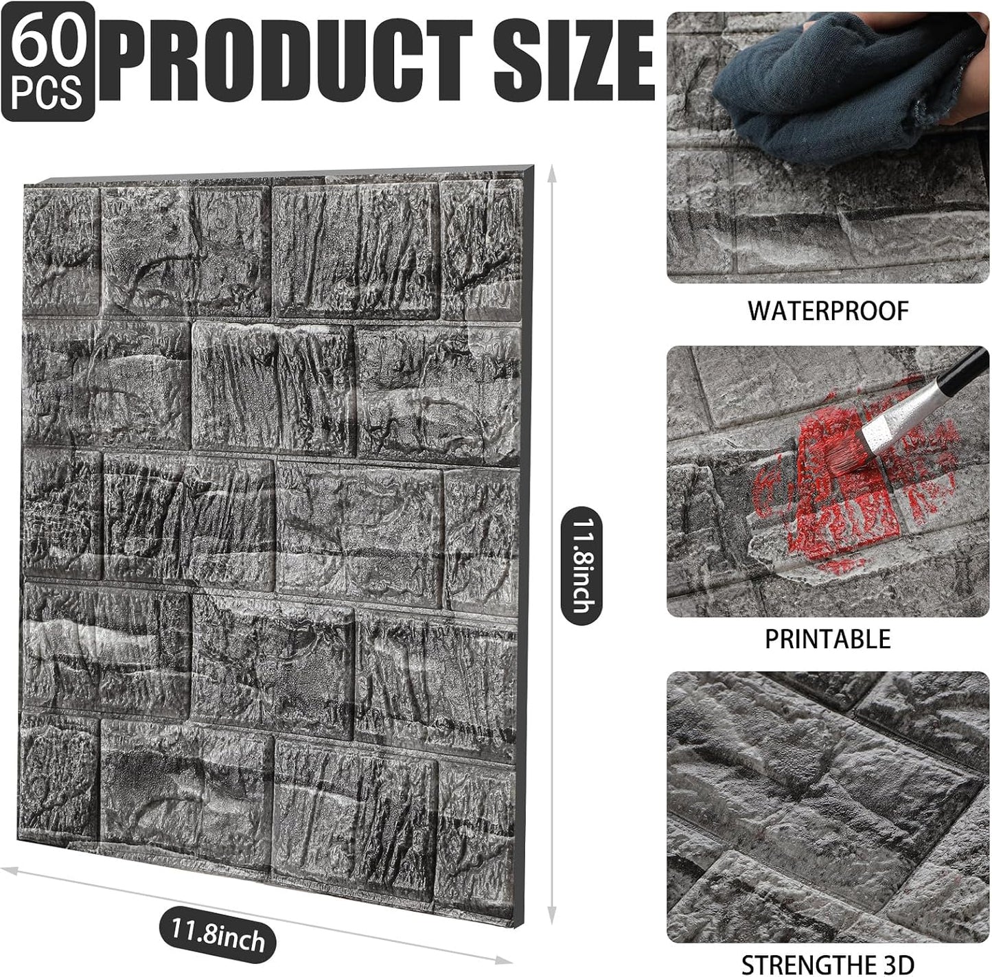 Colarr 60 Pcs 58 Sq ft 3D Wall Panels Peel and Stick Faux Foam 3D Brick Wallpaper Faux Paneling Adhesive Wall Covering