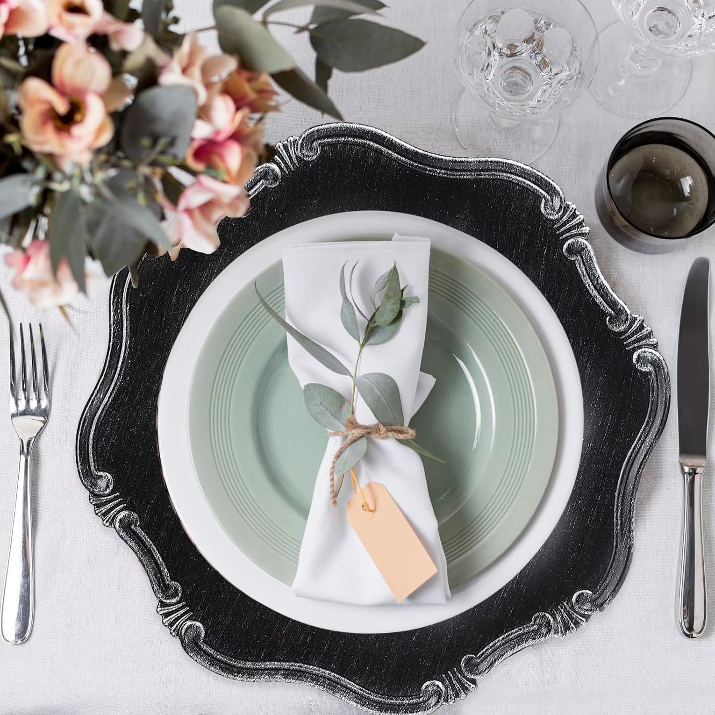 Black Charger Plates Set of 6, Decorative Table Plastic Chargers for Dinner Plates, Party, Wedding, Thanksgiving