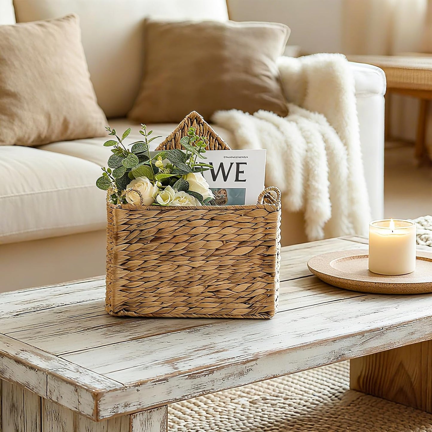 Wicker Magazine Holder Wall Basket Hanging Wall Mount Mail Rack Holder Storage Water Hyacinth House