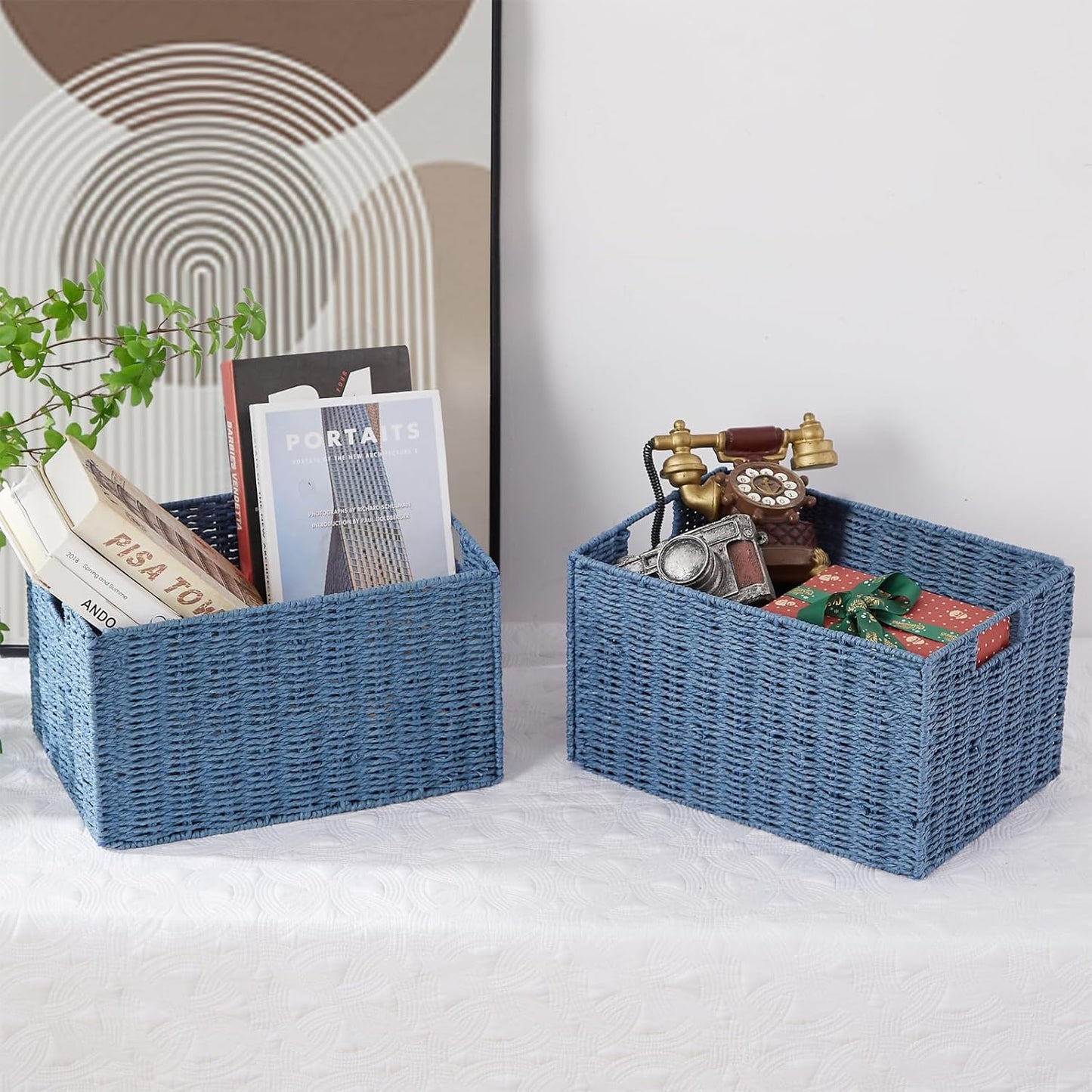 Wicker Storage Basket / Blue / 15.2"D x 10"W x 8.6"H / Set of 2