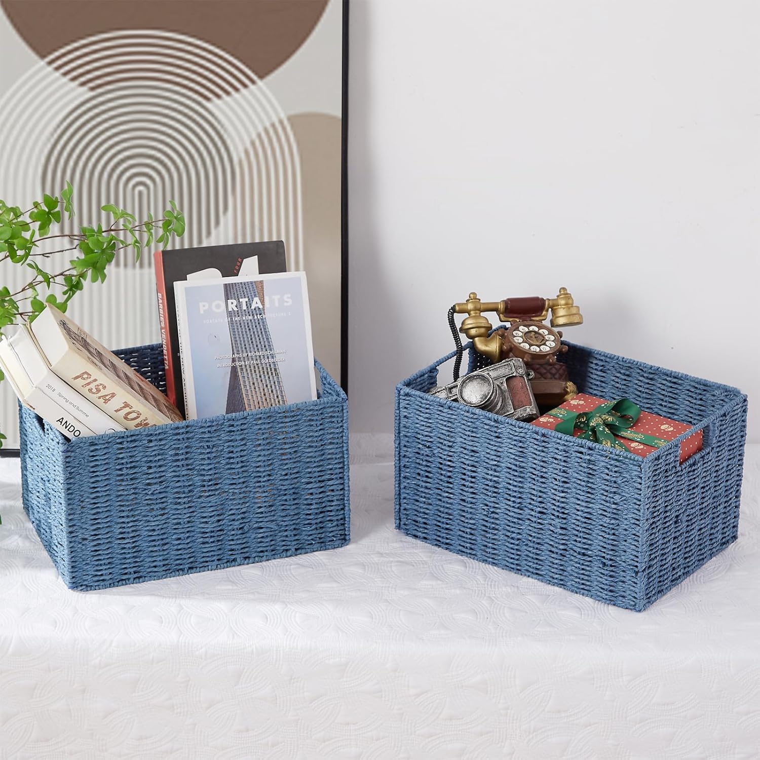 Wicker Storage Basket / Blue / 15.2"D x 10"W x 8.6"H / Set of 2