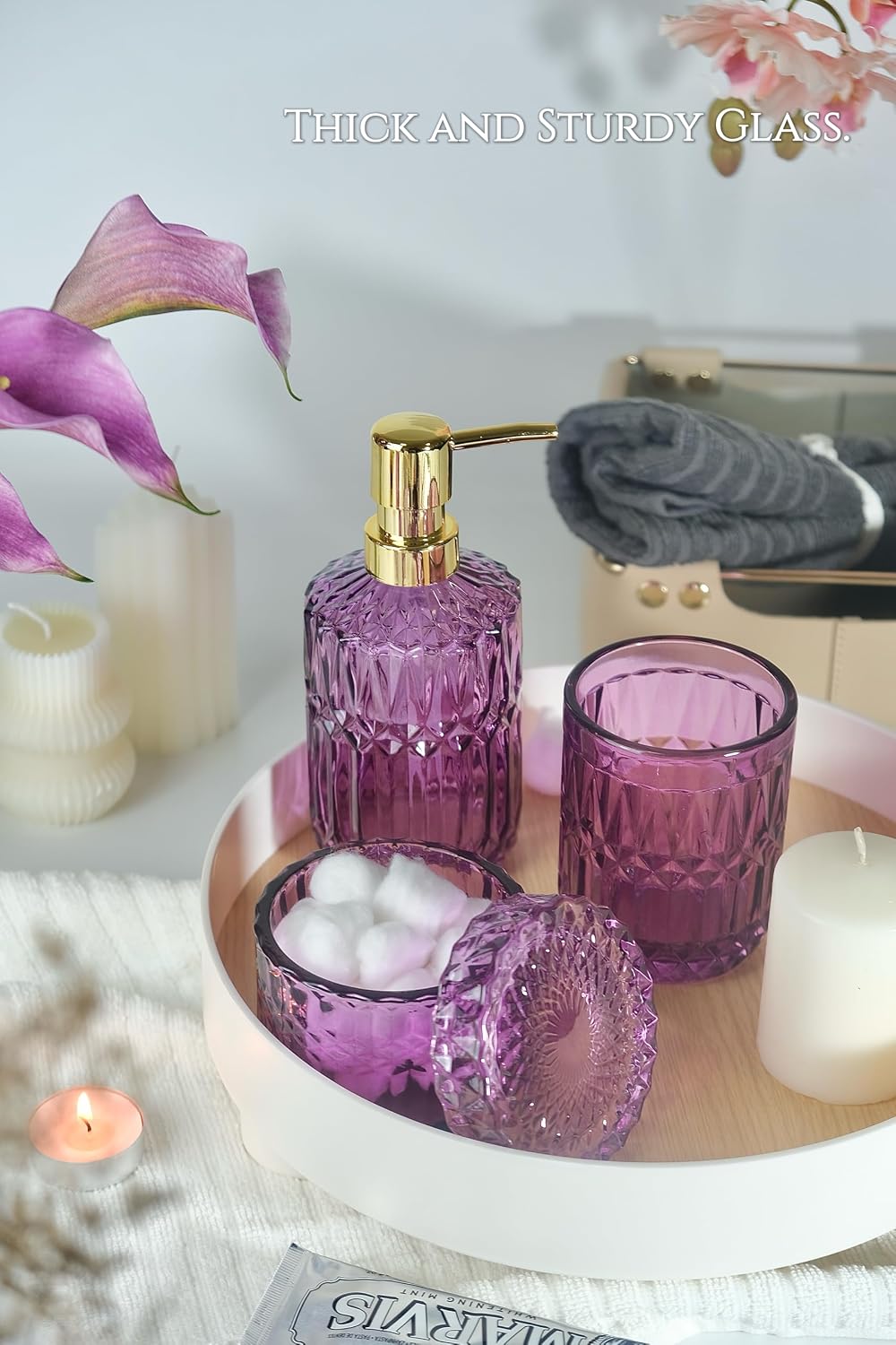 LaMrriti Purple Bathroom Accessories Set 5 Pcs, Glass Bathroom Set | Soap Dispenser and Toothbrush Holder Set, Q-tip