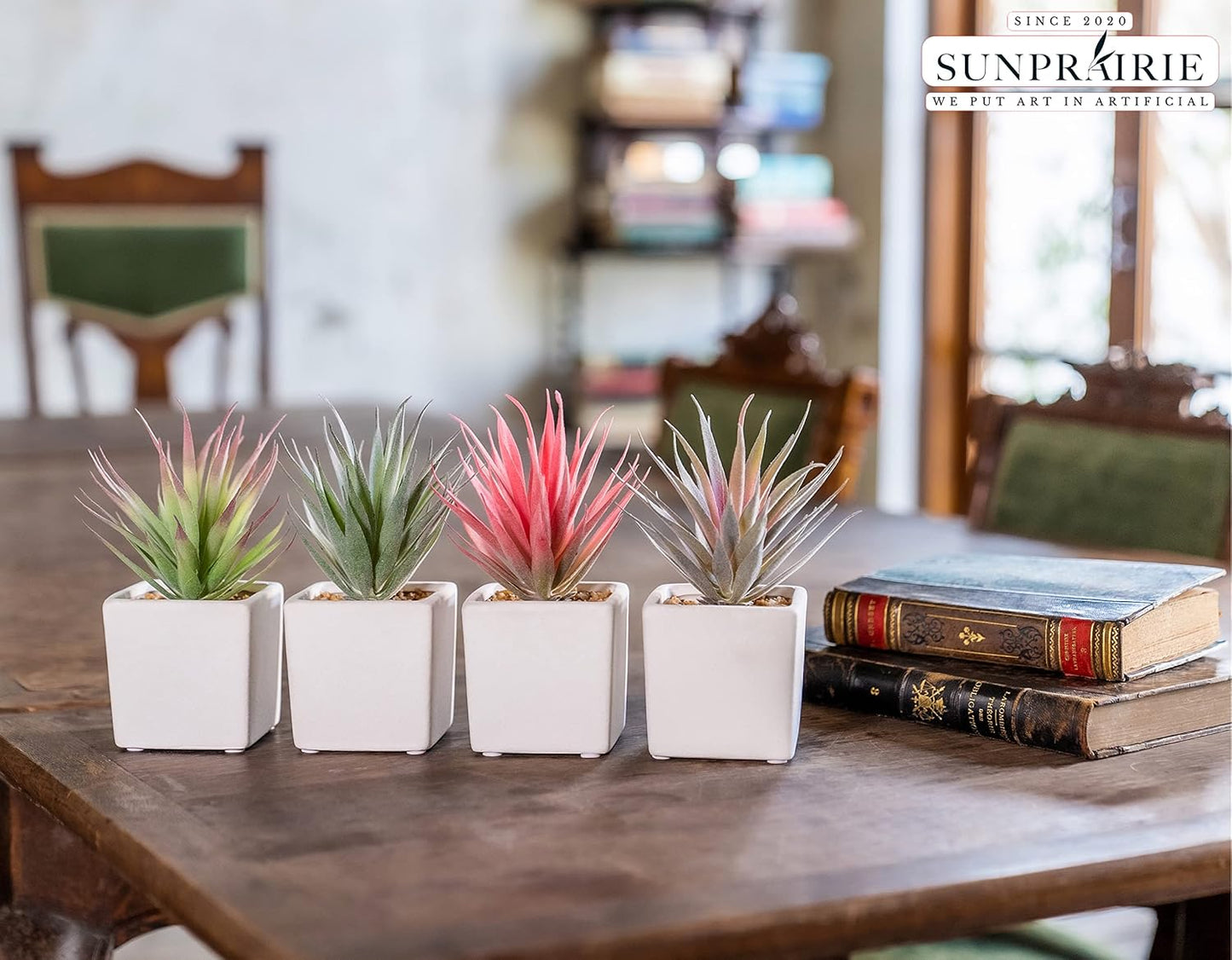 Faux Succulents 7" Tall in Ivory White Stucco Ceramic / White, Pink, Green. / Set of 4