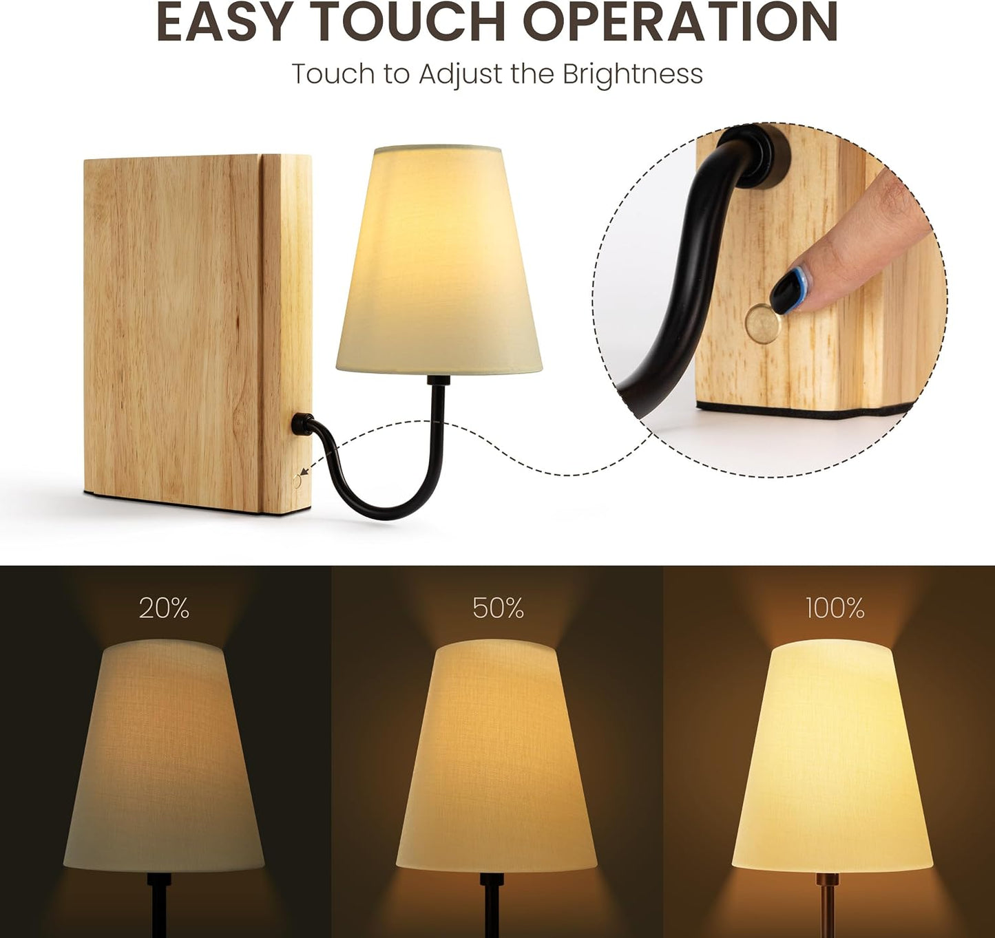 Solid Wood Bookshelf Lamp with Bulb, Cordless Rechargeable Touch Dimmable Table Lamp with Linen Fabric Shade, Modern