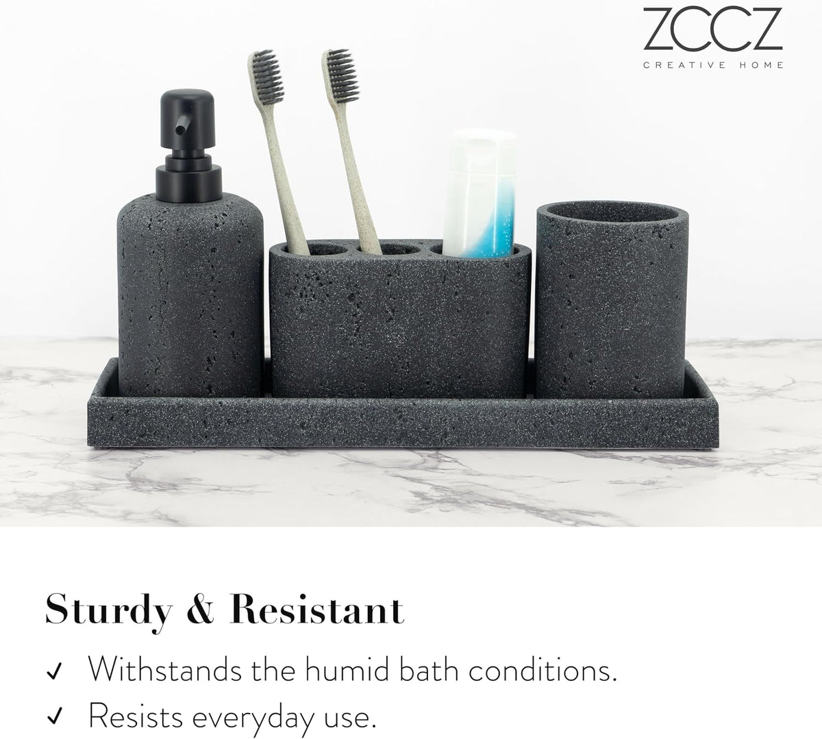 Black Bathroom Accessories Set 4 Pcs - Toothbrush Holder, Soap Dispenser, Vanity Tray, Bathroom Tumbler - Countertop