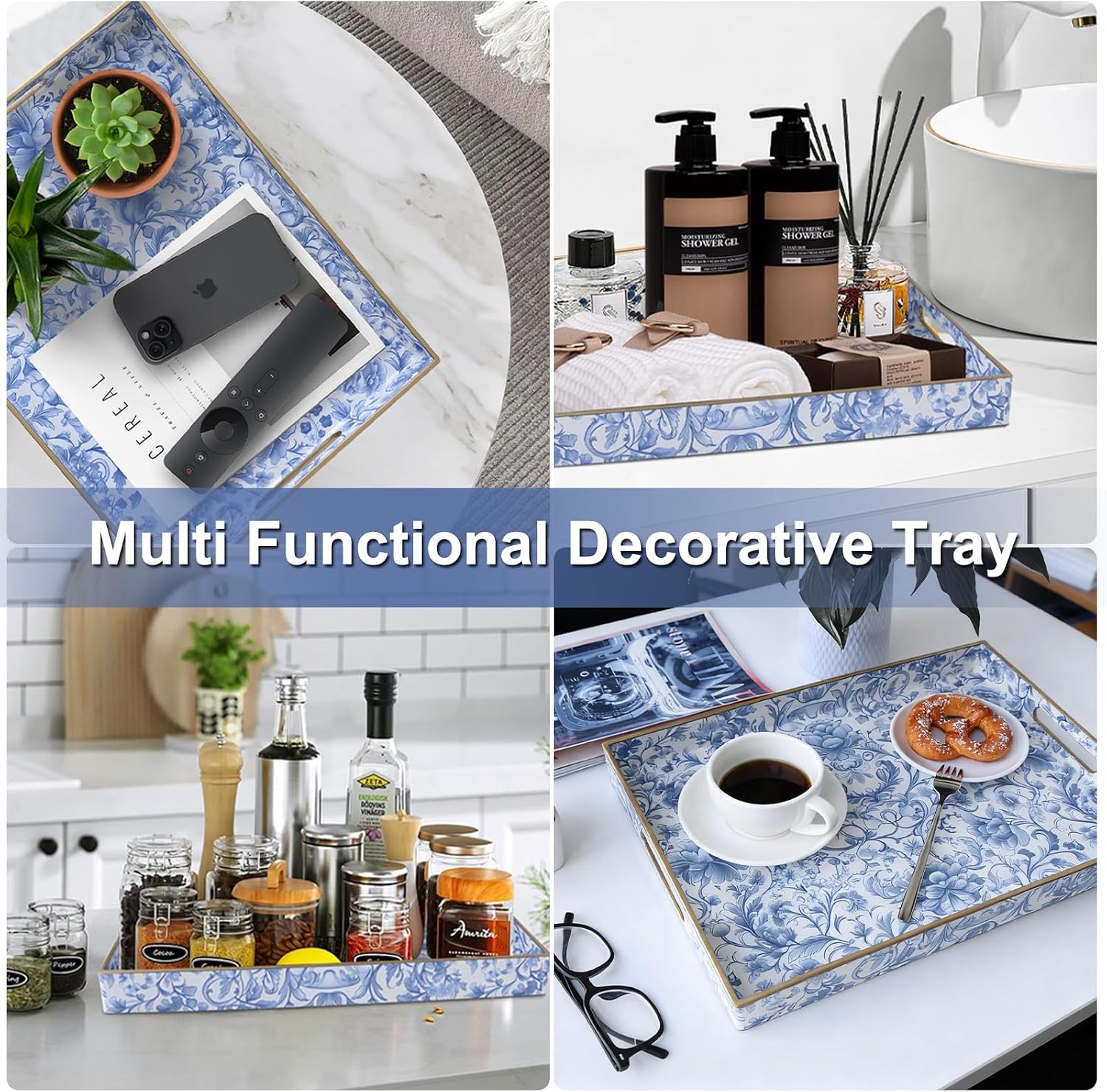 Serving Tray / Rectangular Plastic Tray / Blue and White Peony 1 Pc / 15.8 x 11.8 x 1.6