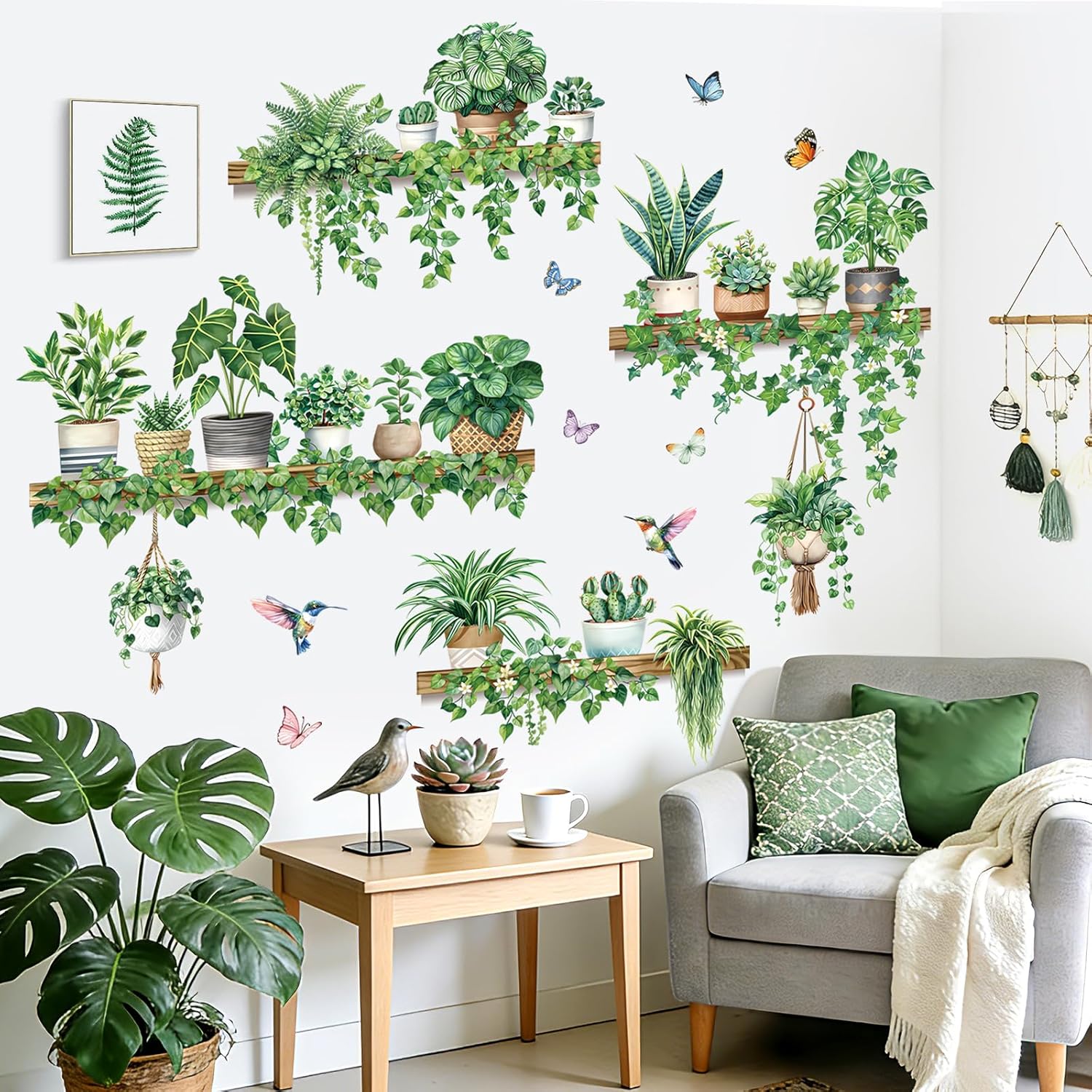 Pot Plants Wall Stickers Tropical Leaf Hanging Vines Leaves Bird Wall Decals Living Room Tv / Green