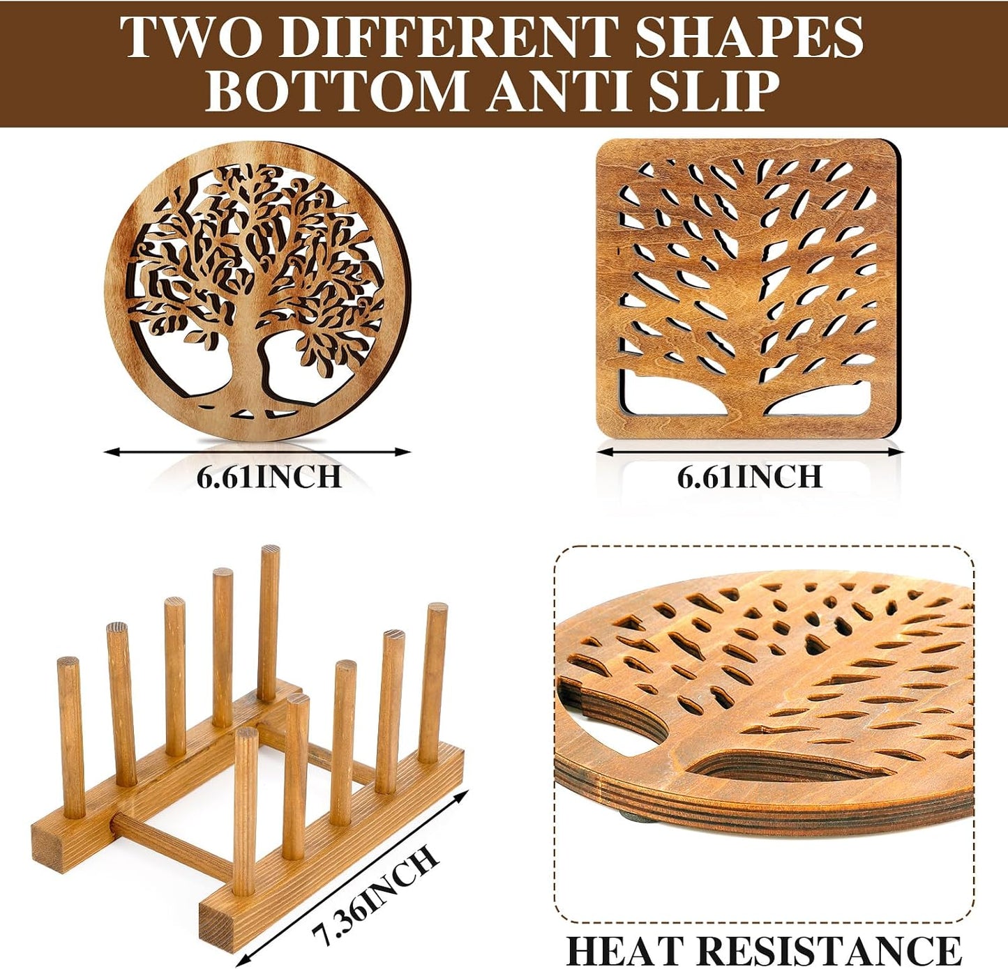 Beeveer 5 Pcs Life Tree Wooden Trivets with Storage Rack Hot Pads Trivets for Hot Dishes Pots and Pans Heat Resistant